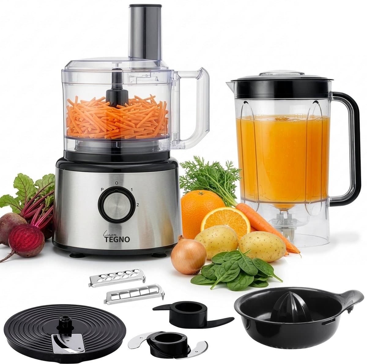 Linea Tegno Food Processor PRO-FP8001 - 5-in-1 RVS keukenmachine: blender, hakmolen, groentesnijder, citruspers en mixer in één. Voor groenten, fruit, noten, soepen, deegsoorten. 2,3L kom - Sinaasappels persen. 2,7L blender voor smoothies & shakes