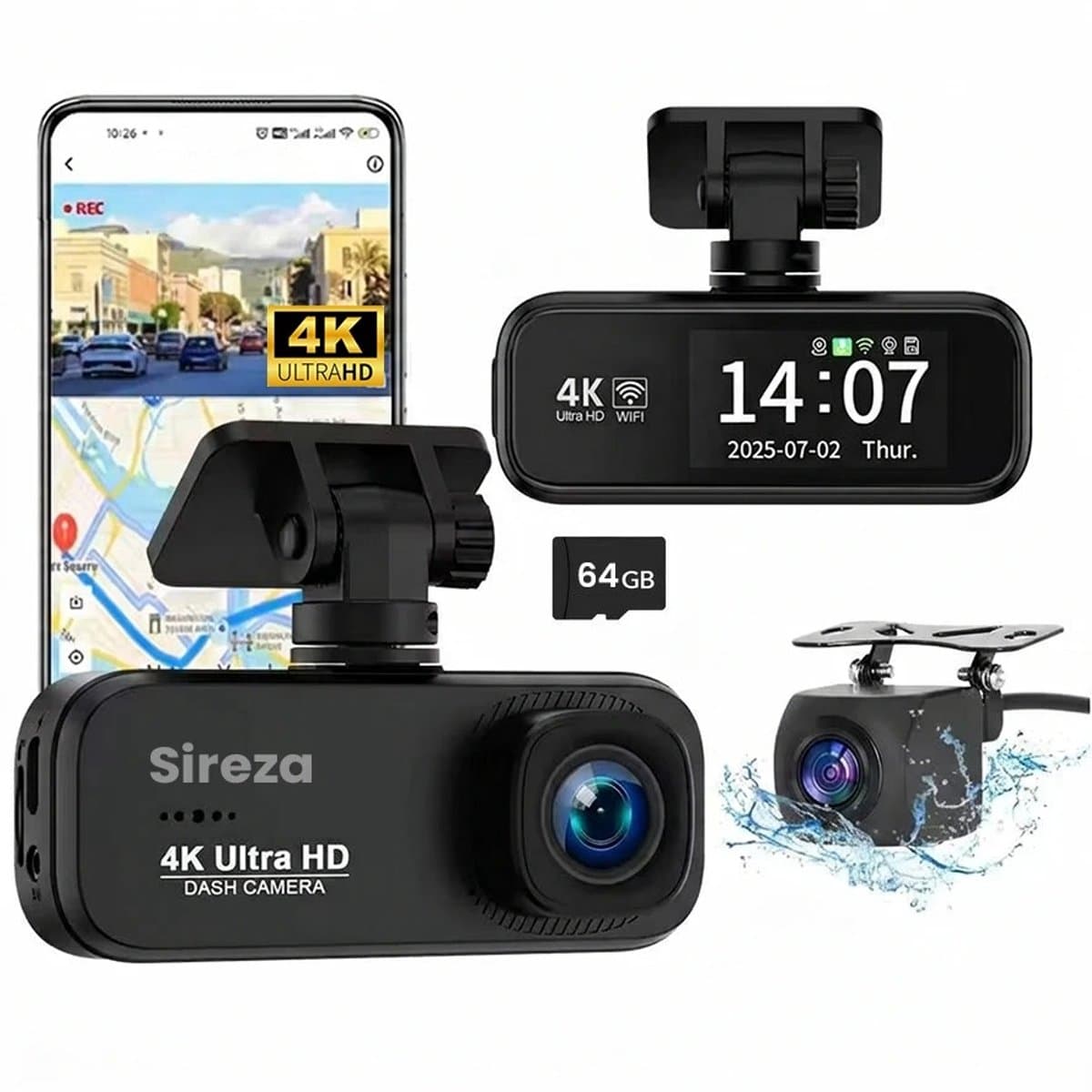 Sireza® D3 - Dashcam - Dashcam Voor Auto - Dual Dashcam - Ultra 4K & UHD - Voor en Achter Camera - WiFi - 2 inch met App - GPS live locatie + snelheid - 64GB SD Kaart - Loop Opname - G Sensor -mini koevoet - NL/FR/ENG Handleiding + NL Systeem