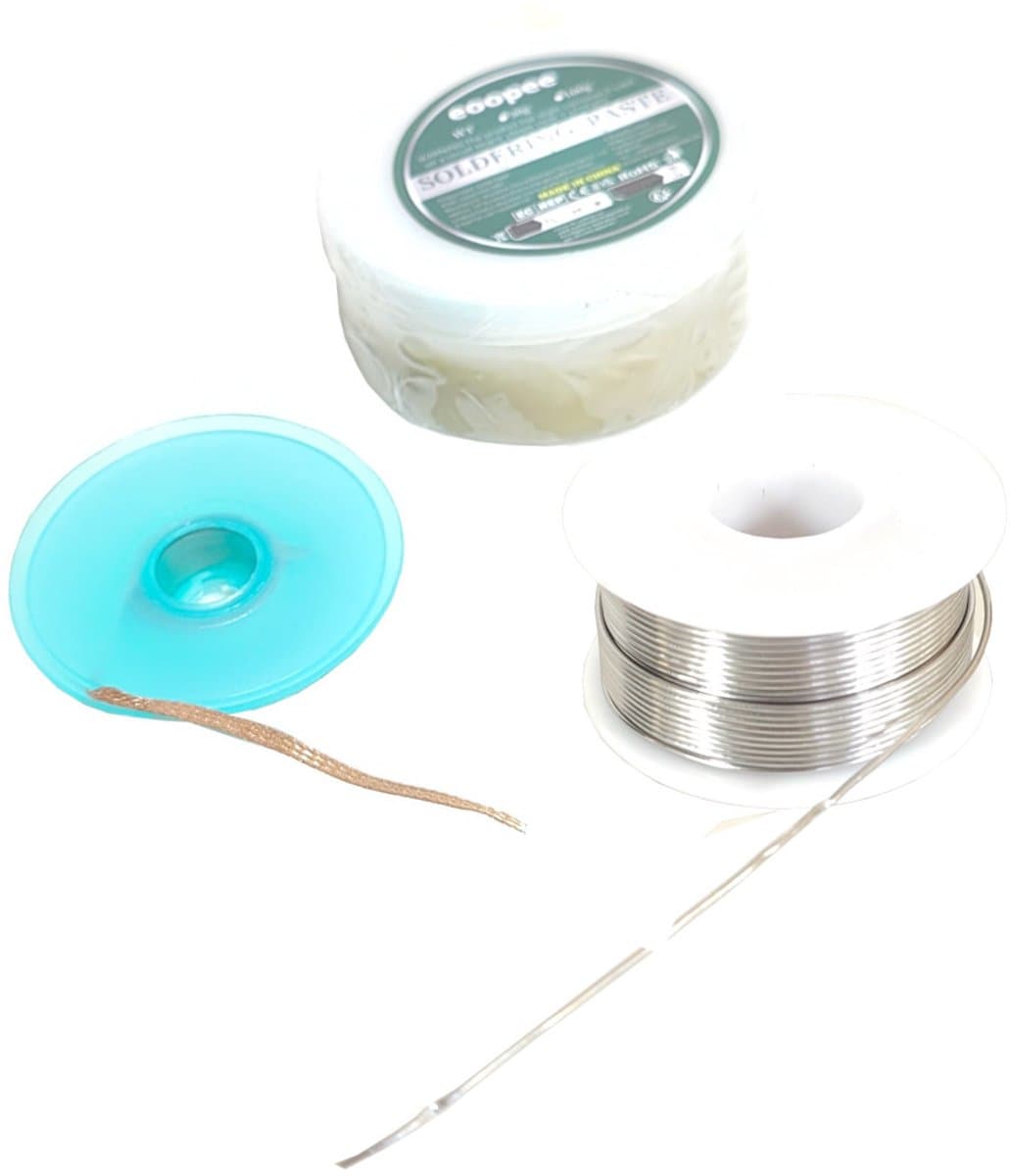 Soldeerpasta soldeervet 30gr, litze desoldeerlint 1,5m 2mm, Soldeertin Soldeerdraad 100gr Soldeer set