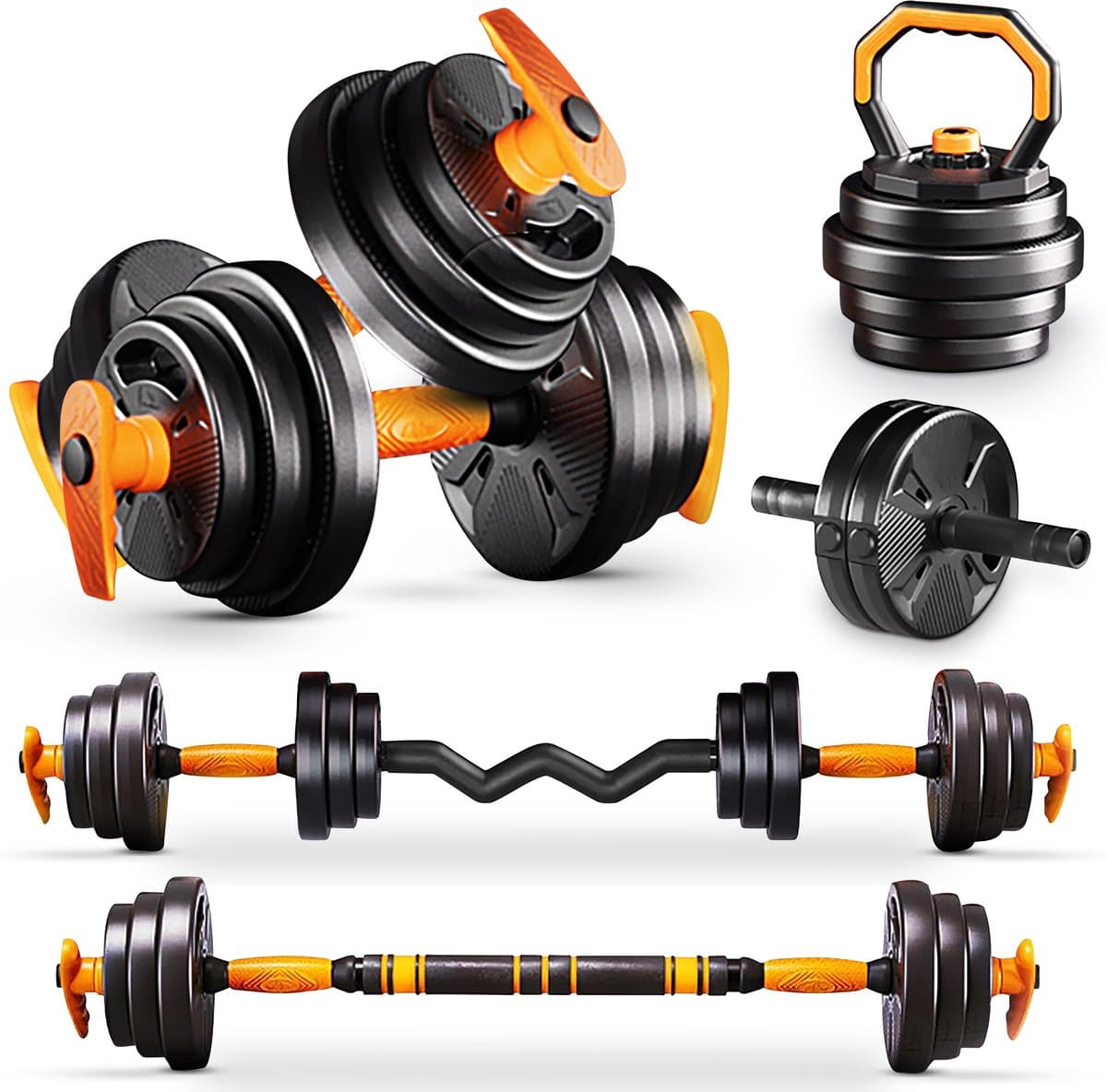 Gewichten Set voor Dumbbells Barbell en Kettlebells - 20KG Verstelbare Halterset met Extra Veiligheidsmoer & Slot - Thuis Fitness