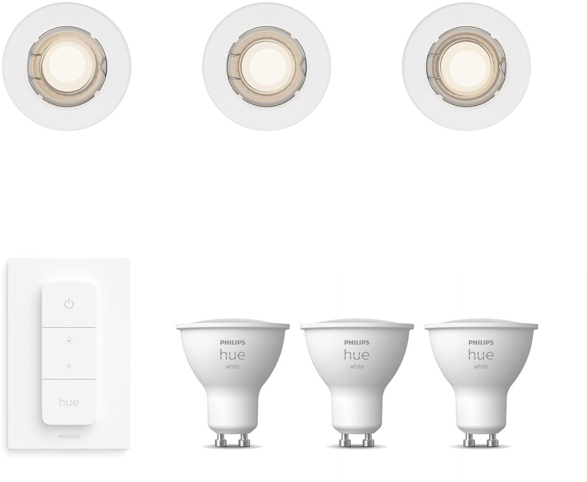 Philips Hue Peridot Set van 3 Inbouwspots (Wit) - Rond - Niet Richtbaar - GU10 - Warmwit Licht - Incl. Hue Dimmer Switch - Hue White
