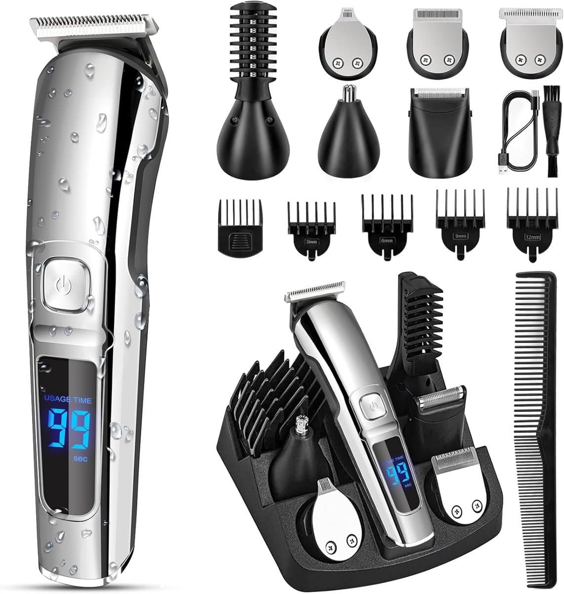 Trimmer mannen schaamstreek-baardtrimmer-Baardtrimmer voor mannen - Waterdicht elektrisch scheerapparaat - Draadloze tondeuse - Scheerapparaat voor mannen - Beautytoolset - Cadeau voor echtgenoot en vader - Zilver
