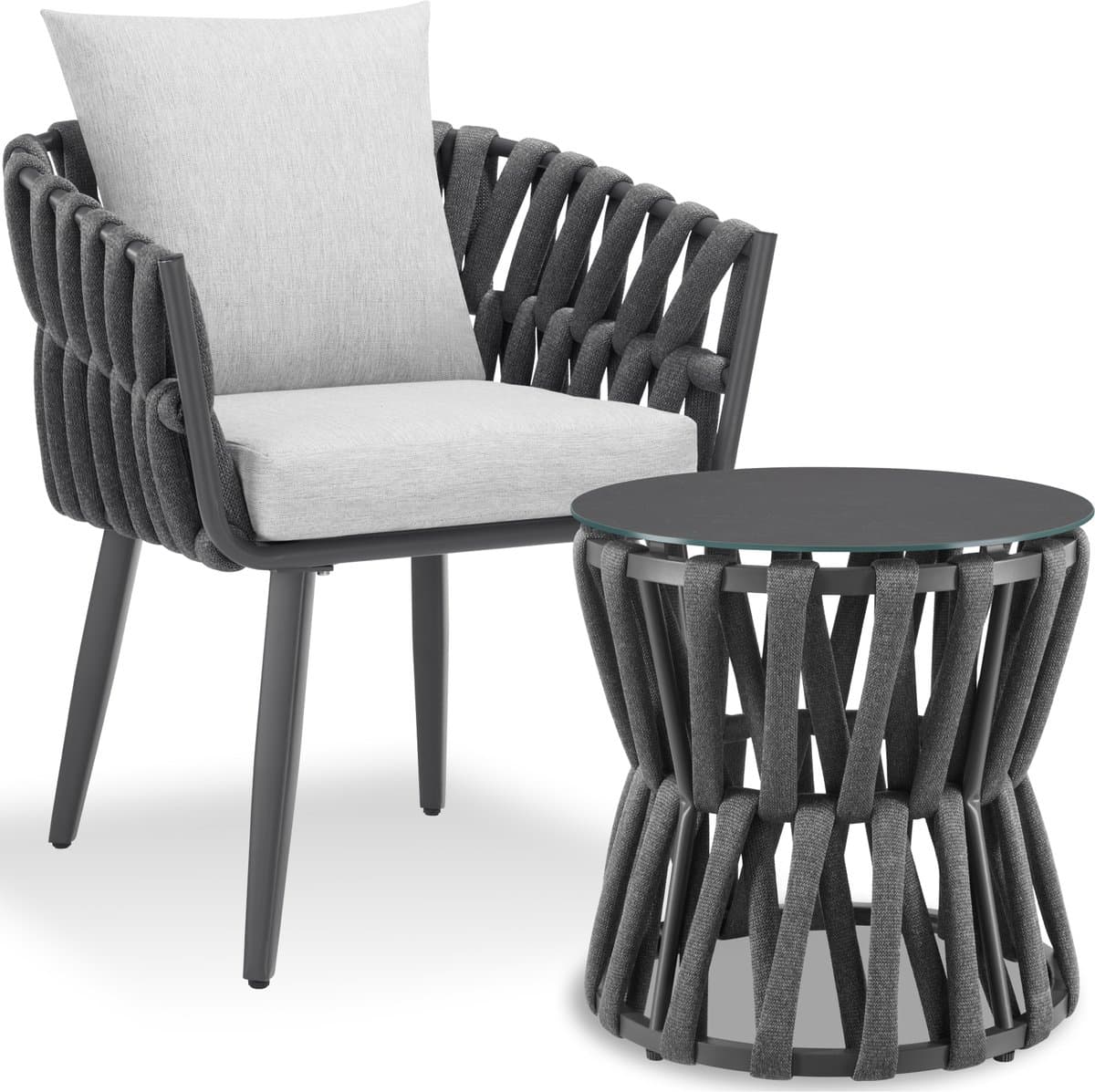 tectake® Tuinset Lugano - Tuinstoel - Loungestoel met Bijzettafel - Buitenstoel in Rope-Design met Aluminium Frame - Buiten Fauteuil met Dikke Kussens - Loungeset voor Tuin of Balkon - Terrasstoel - UV- en Weerbestendig