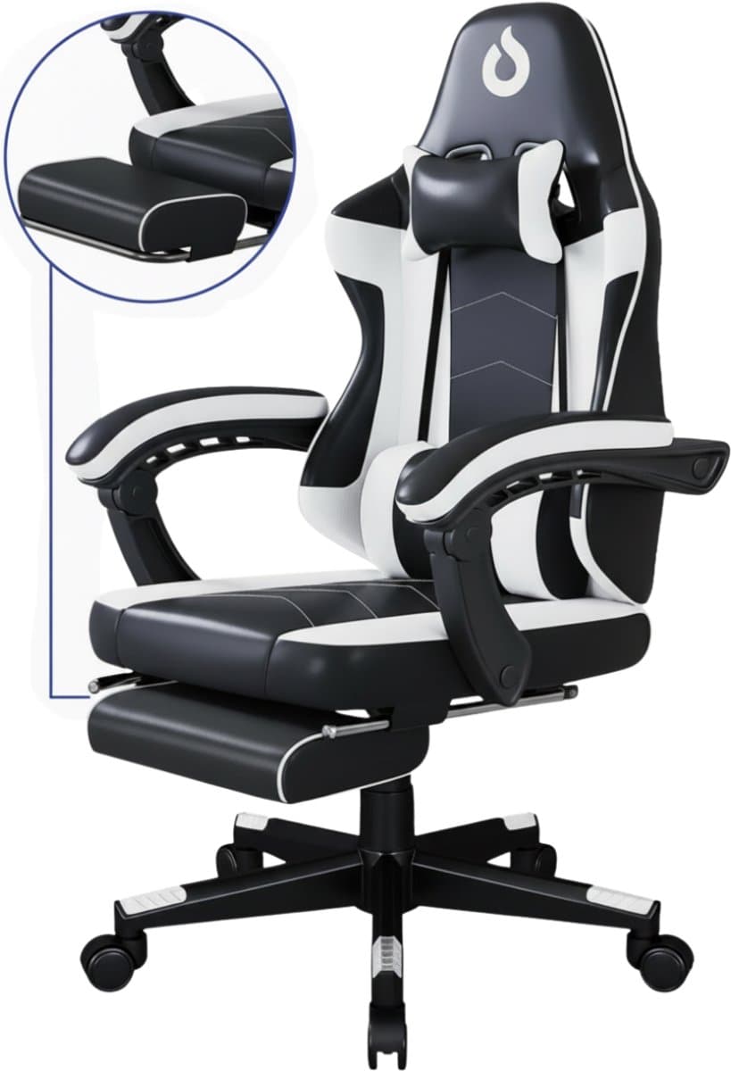 Stane Verstelbare Ergonomische Gamestoel met Voetsteun - Bureaustoel Gaming chair - Game Stoel Zwart/Wit