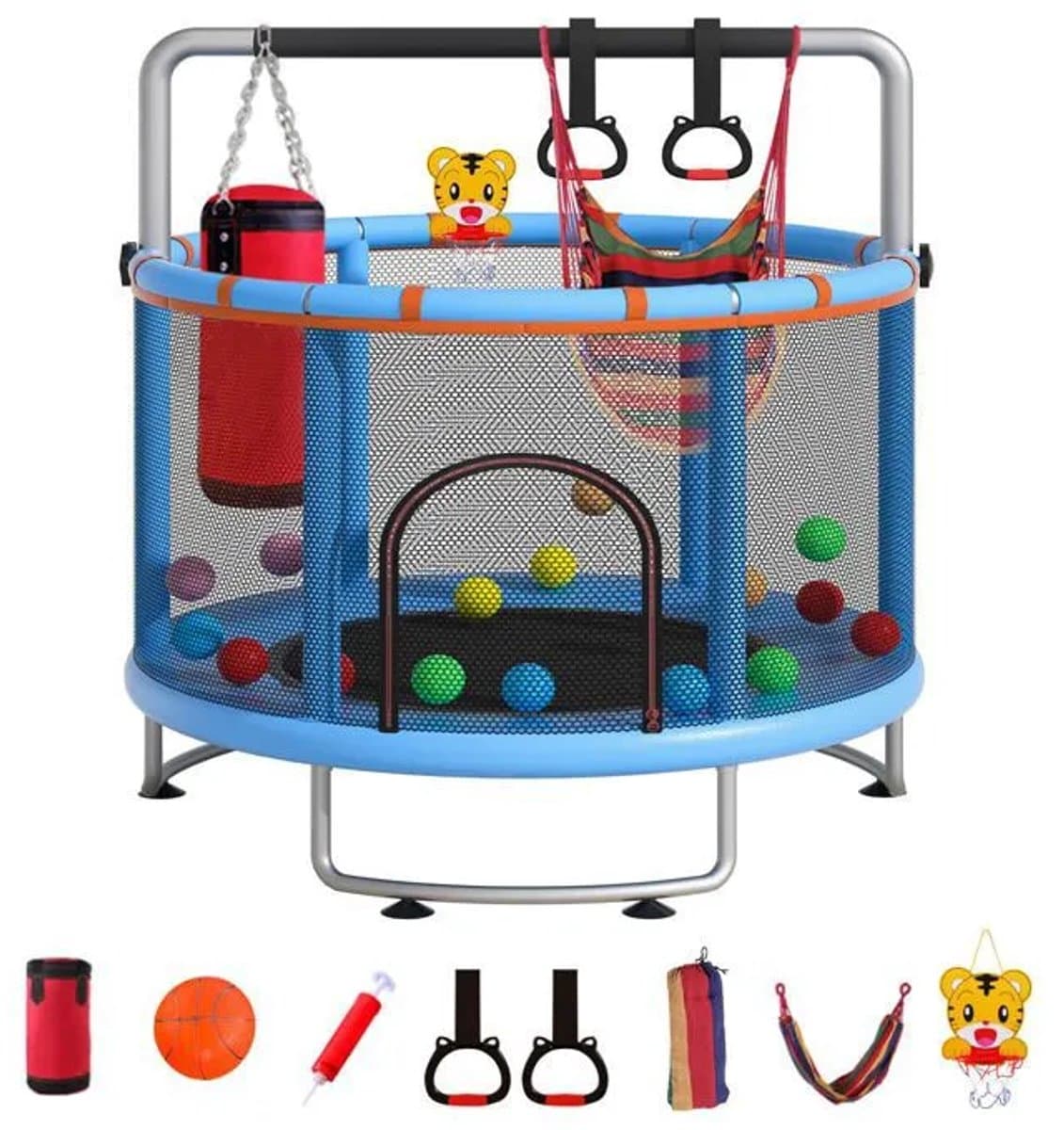 Multifunctionele Trampoline Ø150 cm-Basketbalring-Ringleuning- Ophangringen en hangmat-Draagvermogen 150 kg-Blauw