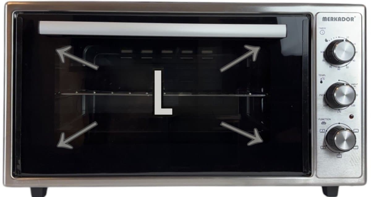 Merkador L Vrijstaande Oven - 50 Liter - 2000 Watt - RVS Afwerking - Hetelucht - Gemakkelijk Schoon Te Maken Geëmailleerde Binnenruimte