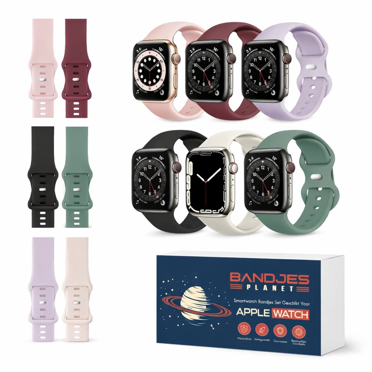 Set van 6 Siliconen Bandjes - Geschikt voor Apple Watch Bandje 1-9 & SE - Voor Maten iWatch 38mm, 40mm, 41mm, Series 10 11 42mm