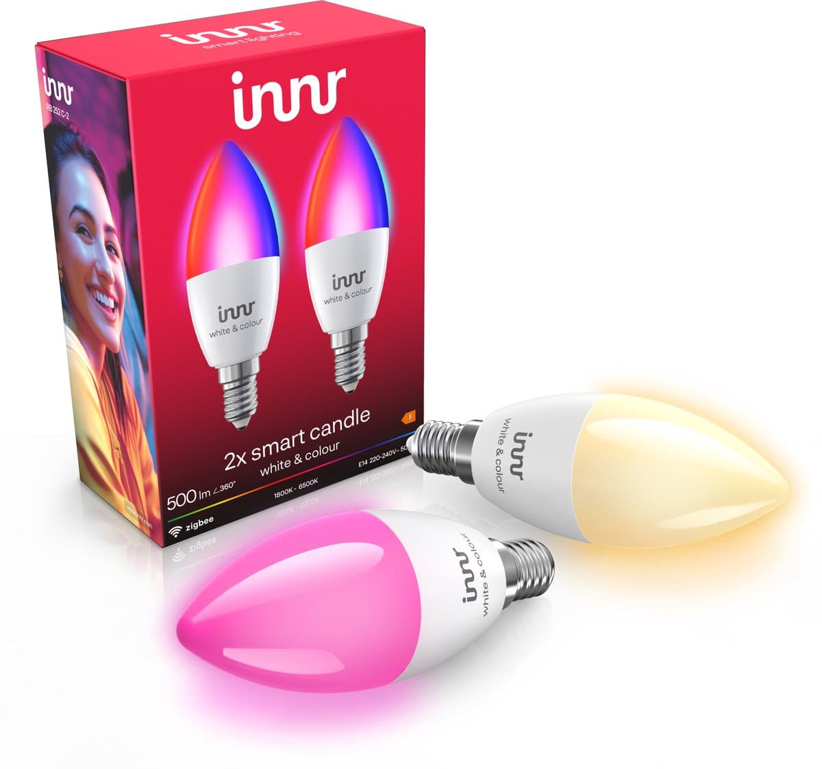 Innr Smart E14 lamp - Zigbee - geschikt voor Philips Hue - LED Bulb - wit en gekleurd licht - slimme kaarslamp - ledlamp dimbaar - 500 lumen - 2 pack