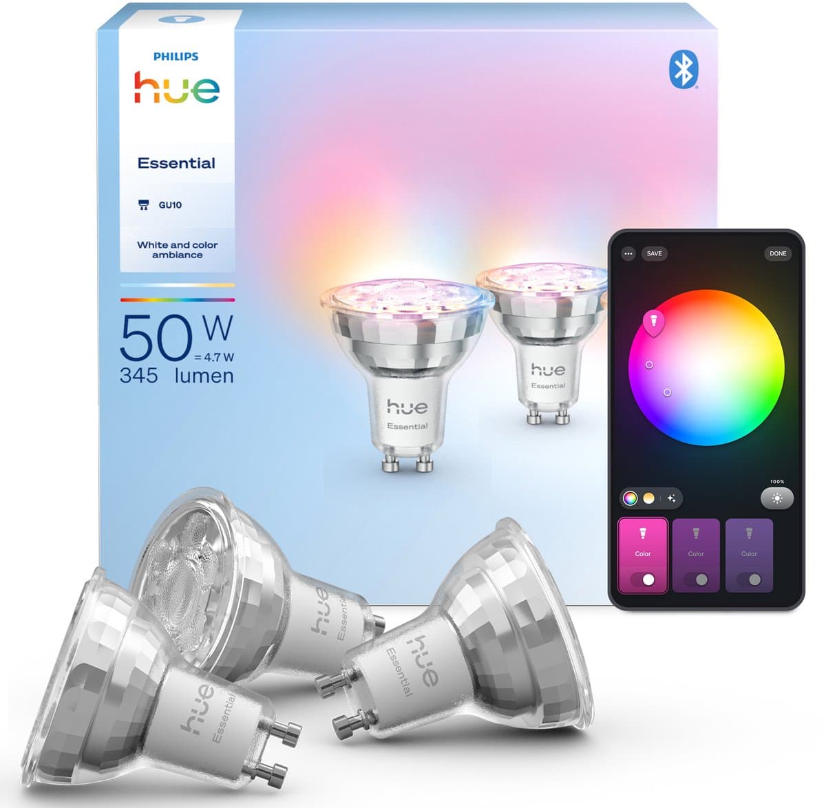 Philips Hue Essential Slimme LED GU10 Spotlight - Wit en gekleurd licht - 3-pack