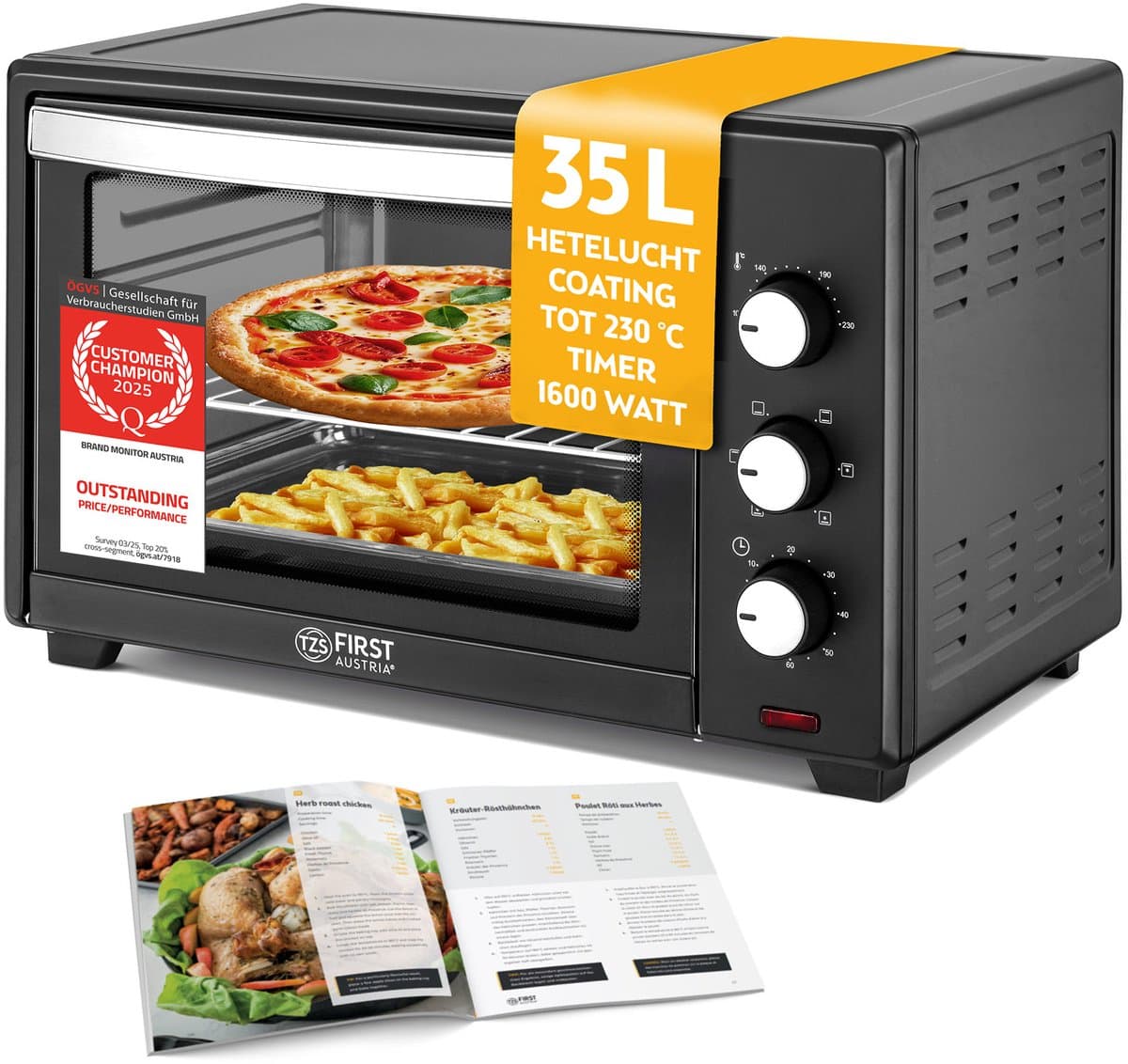 TZS First Austria Mini oven 35L - 1600W- Vrijstaande Heteluchtoven - Premium-X Coating - max 230°C - Timer - Zwart
