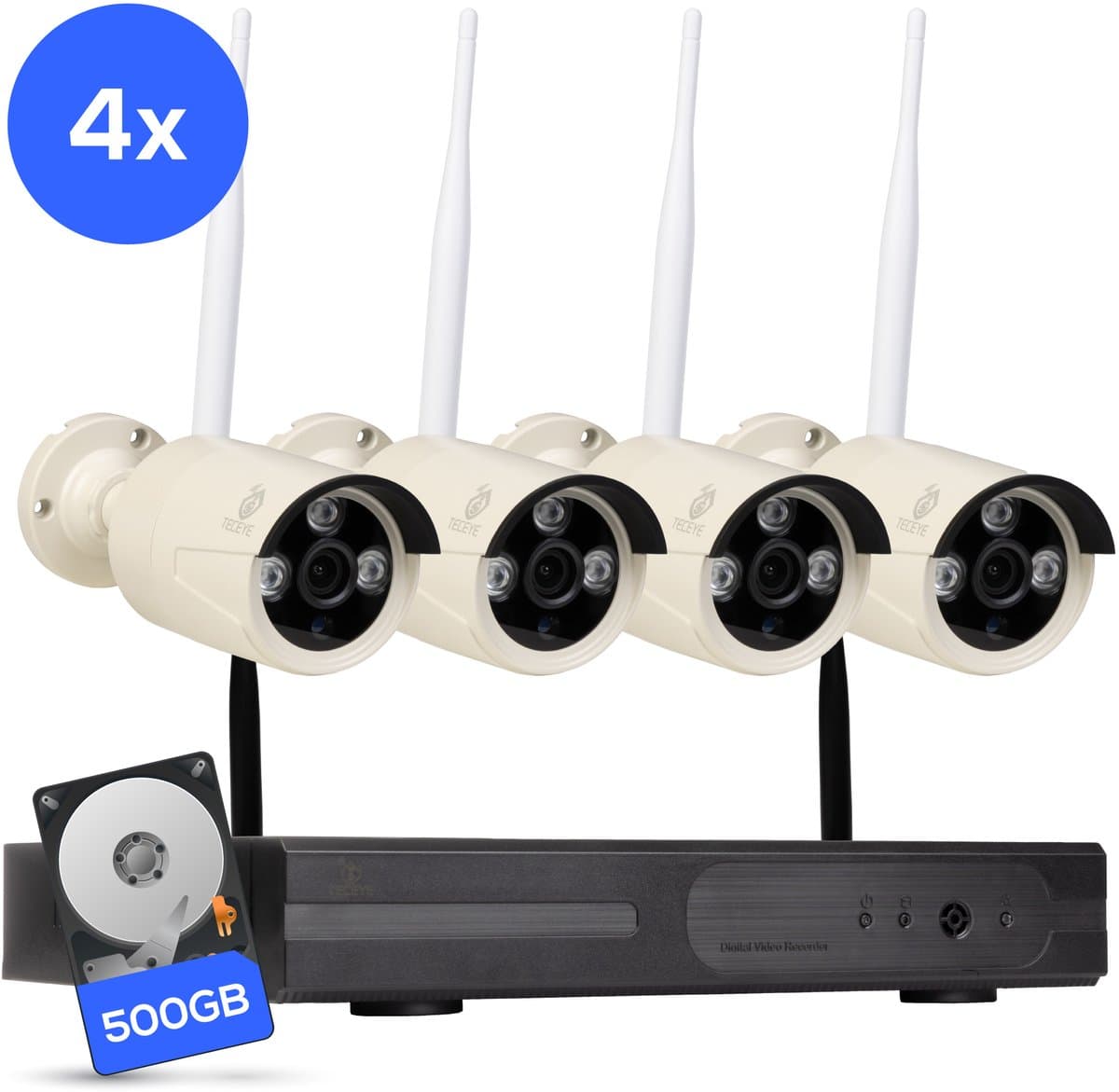 Teceye Compleet Camera Beveiliging Set met 4x Wifi IP Camera - CCTV Camerasysteem, Camera Beveiliging Buiten Draadloos, Wifi Beveiligingscamera Set Buiten - Beveiligingscamera - Beveiligingscamera buiten - Beveiligingscamera Draadloos buiten