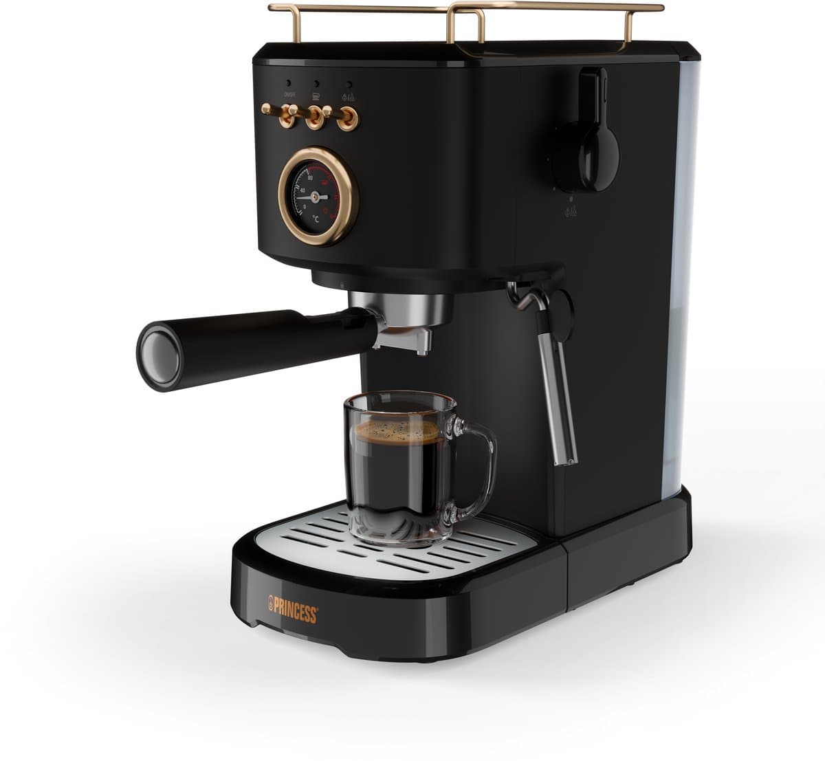 Princess 249417 Espressomachine – 20 Bar – Geschikt voor Gemalen Koffie, Pads & Cups – Met Melkopschuimer – 1,2L Watertank – 2 Kopjes Tegelijk – Kopjesverwarmer – Zwart – Cappuccino & Latte Machine