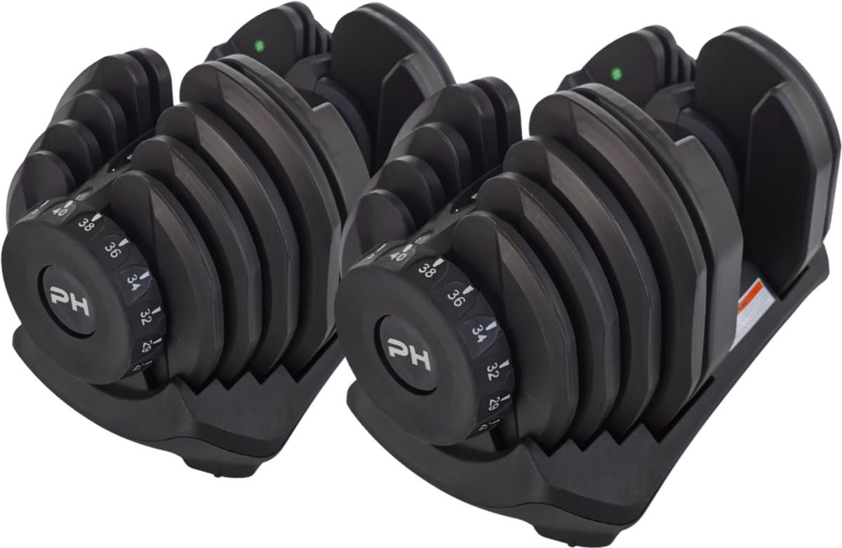 PH Fitness Verstelbare Dumbbells Set 40KG - 2 STUKS - Verstelbare Smart Dumbbells - Halterset voor Home Gym - Adjustable Dumbells van 5kg tot 40 kg - Complete Gewichten Set van 17 Dumbbells in één!