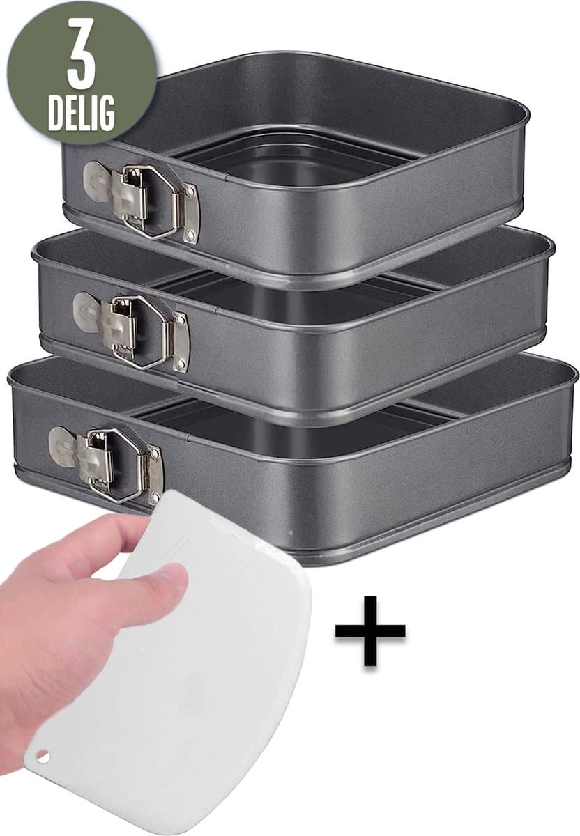 COOCK 3-delige Bakvorm Set Vierkant- Springvorm - Taartvorm Rechthoek met Antiaanbaklaag - 24 tot 28 Cm Diameter -Cakevorm Incl. Deegschraper & E-Book