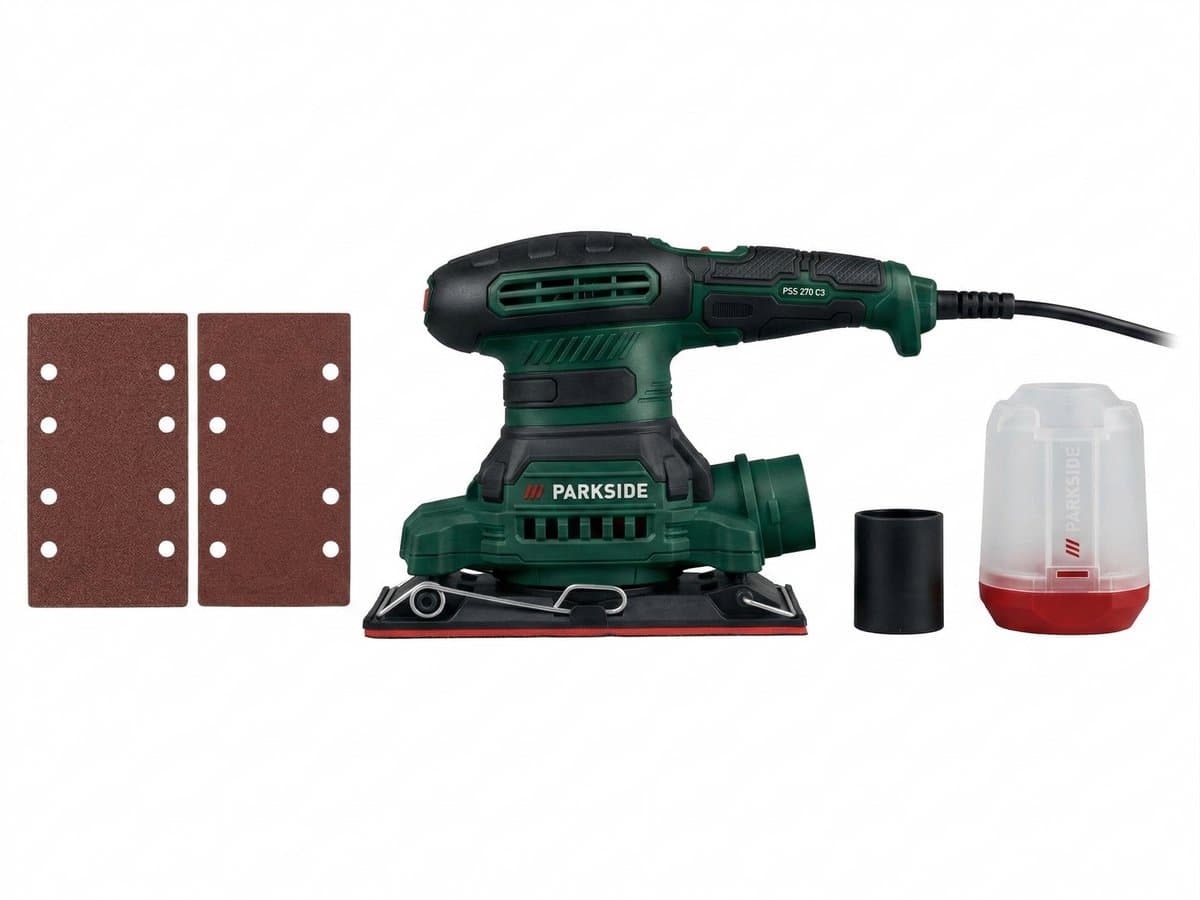 PARKSIDE® vlakschuurmachine - Vermogen: 270 W - Toerental: 7000/12000 tpm - Inclusief adapter voor externe stofafzuiging, 2 schuurbladen met klittenbandhechting (korrelgrootte 80 en 120)