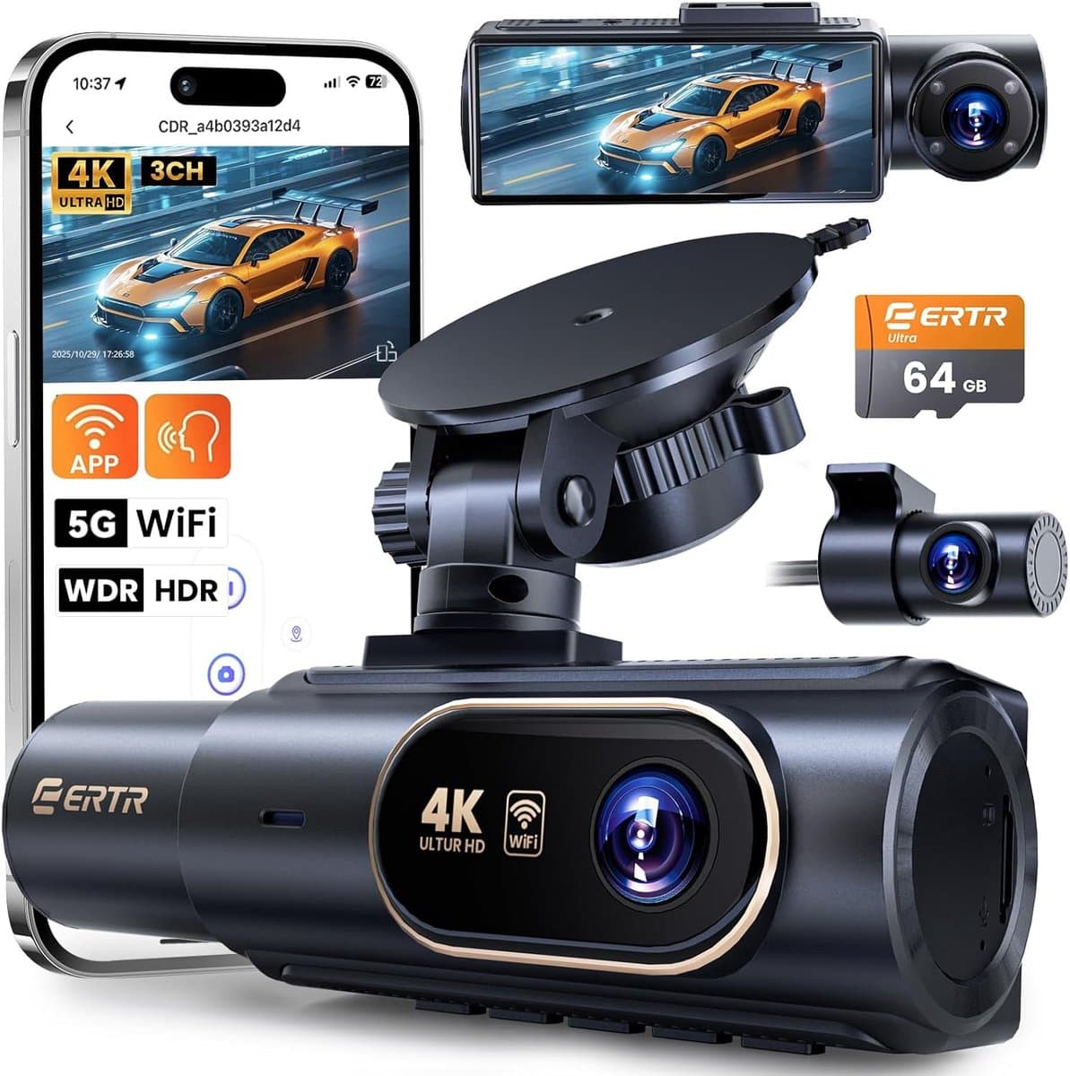 Dashcam Auto 4K 3 Kanaals - Voor, Achter en Interieur Camera - WiFi App - Nachtzicht - 64GB