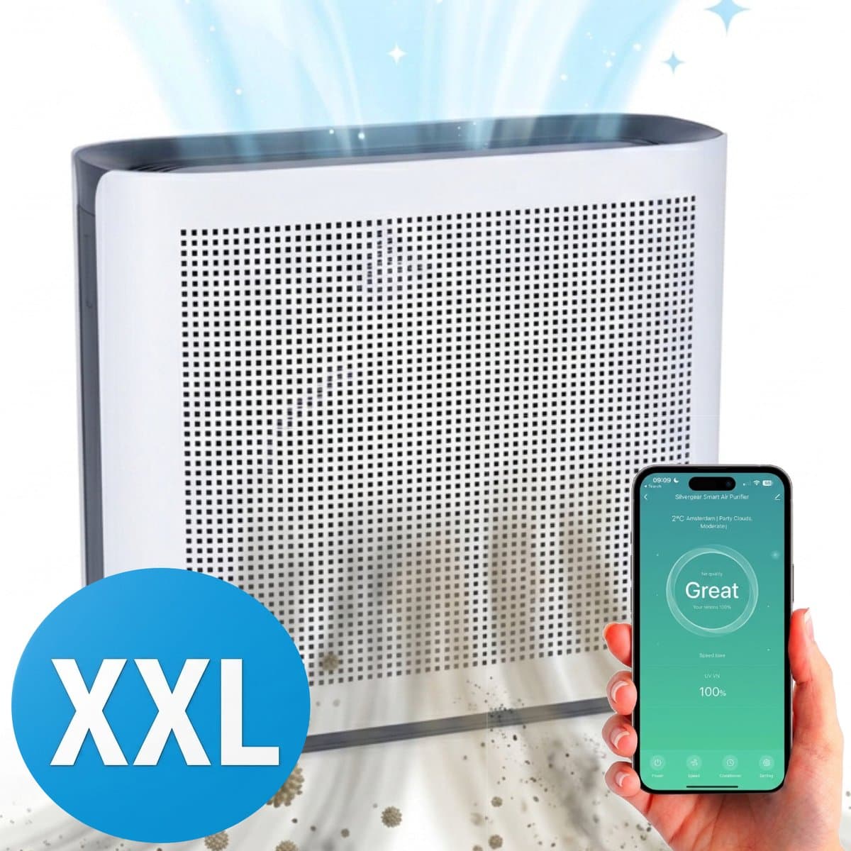 Luchtreiniger Premium met App - CADR 360 m³/u - Air Purifier XL - Luchtreinigers met HEPA Filter en Ionisator - Werkt tegen Huisstofmijt, Hooikoorts, Allergie - Silvergear