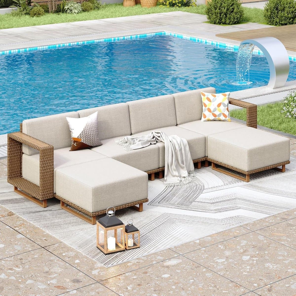 Rotan Tuinmeubelset 6 Personen Modulair Loungeset met Dikke Kussens Beige – Weerbestendige Outdoor Hoekbank voor Tuin, Terras & Balkon – Ergonomisch Design – Laura