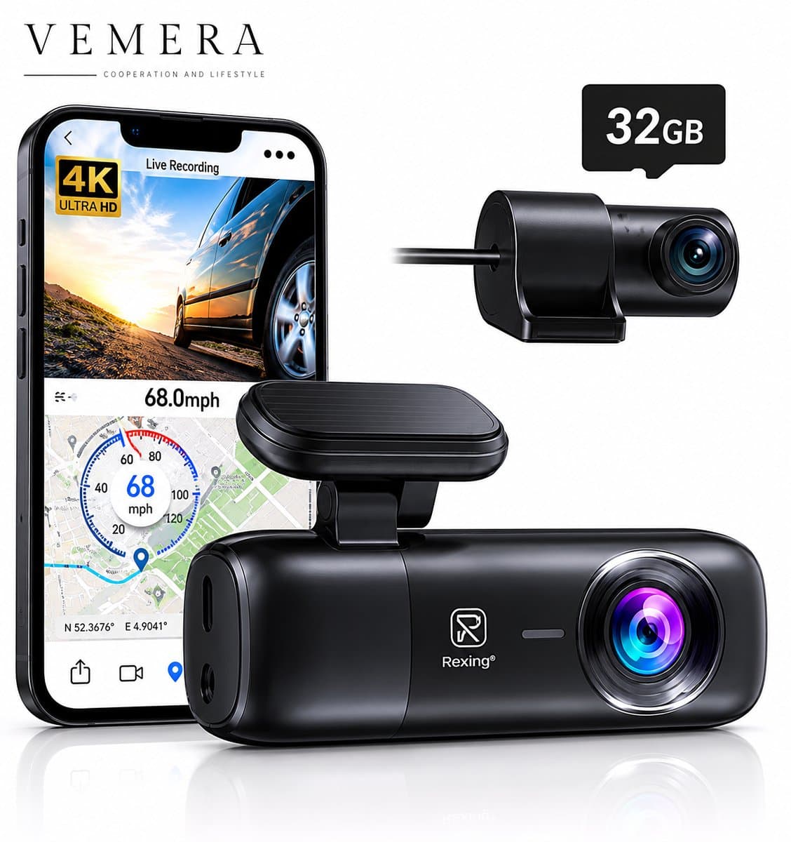 Vemera dashcam - dashcam voor auto - voor en achter camera - 4K -