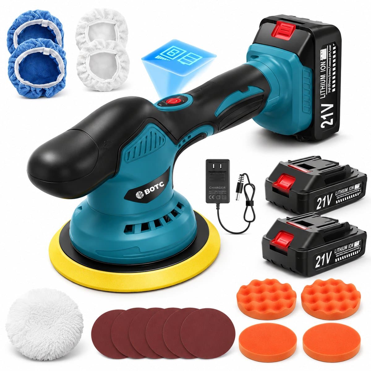 BOTC Polijstmachine - Poetsmachine Auto - Draadloze - 8 Snelheden - met 2x21V Accu en Accessoirekit - Blauw