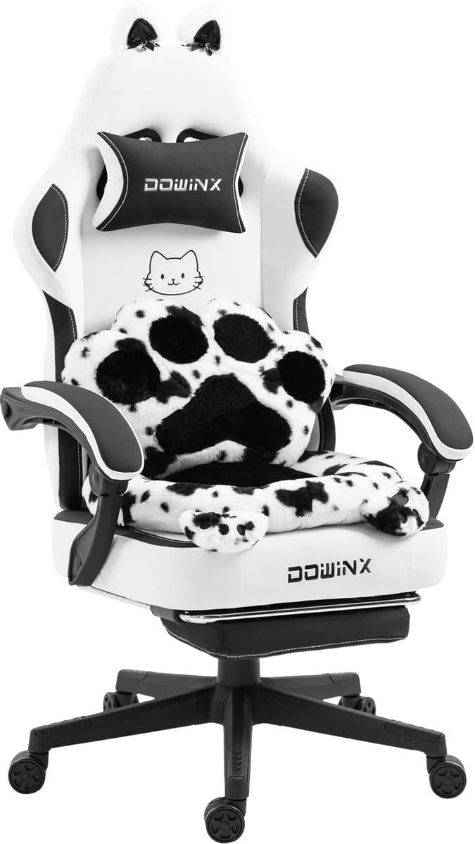 Gaming Stoel Ergonomisch met Voetsteun – Vleugelloze Zit – Verstelbare Rugleuning – Zachte Stof – Zwartwit – Voor Gaming, Werk en Studie – Middelgroot – 1 Stuk