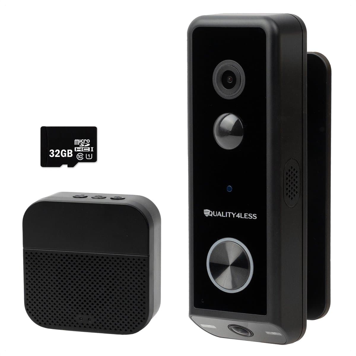 Quality4Less™ - Slimme Video Deurbel met dubbele camera - 2K Ultra HD - Werkt draadloos & bedraad - Wifi deurbel - Zonder abonnement - Incl. draadloze gong en 32GB SD-Kaart - (T-ring geluid) - Zwart