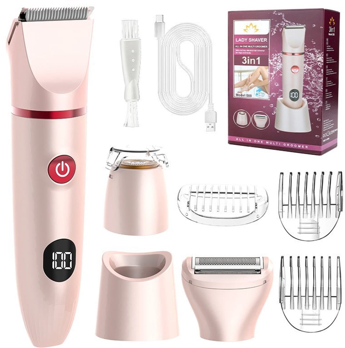 Trimmer vrouw intiem-trimmer vrouw bikinilijn -3-in-1 bikinitrimmer voor dames - Elektrisch scheerapparaat - Oplaadbare bodyhaartrimmer - Draagbare ontharingsset met afneembare onderdelen - Cadeau voor vrouwen - Roze - 13 x 19 cm