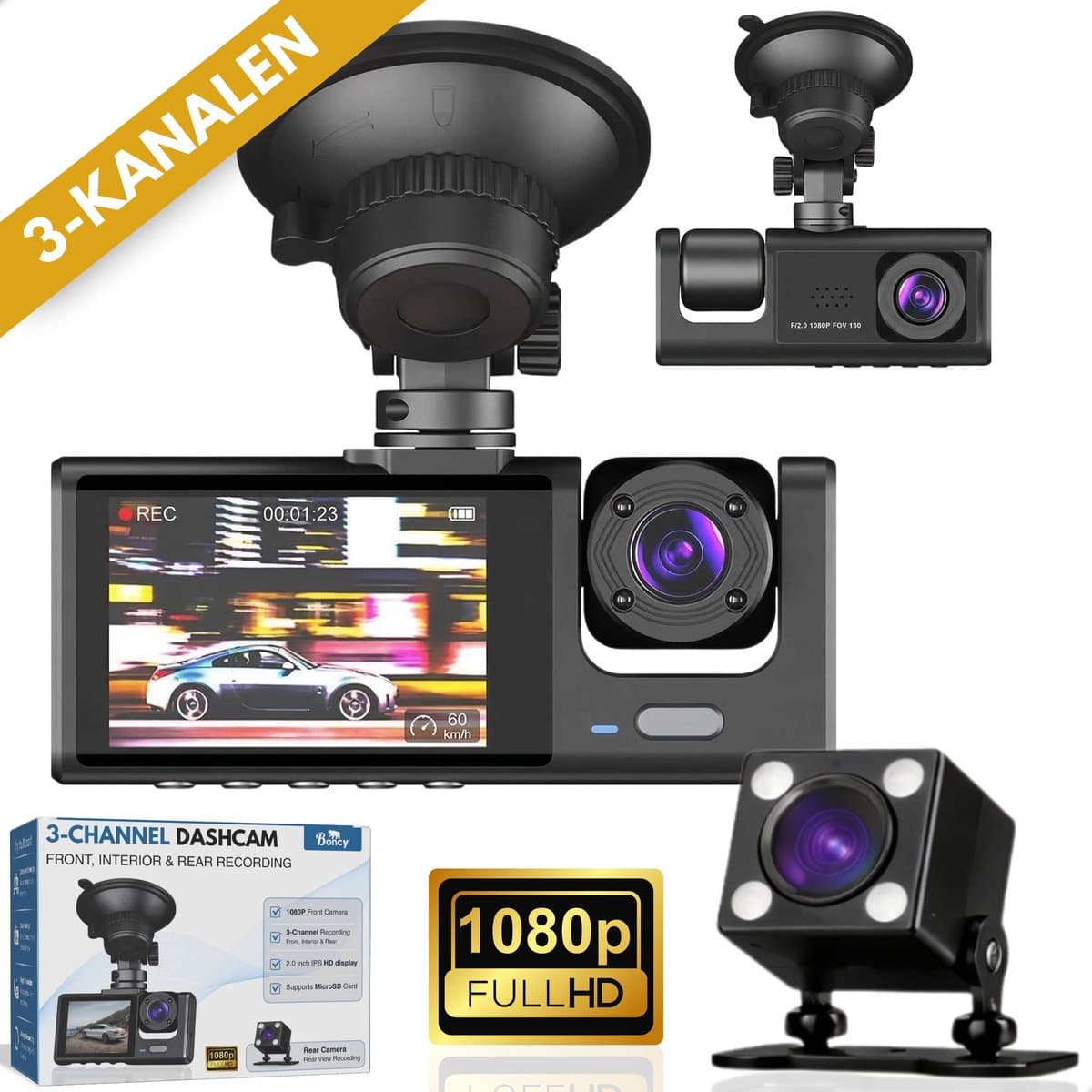 Boncy® Dashcam Voor Auto - 3 Kanalen Voor, Achter en Binnen Camera - 1080P Full HD - Dual Dashcams Met Achteruitrijcamera en Parkeermodus - G-Sensor - Nachtzicht - Loop Recording - 170 Graden Kijkhoek