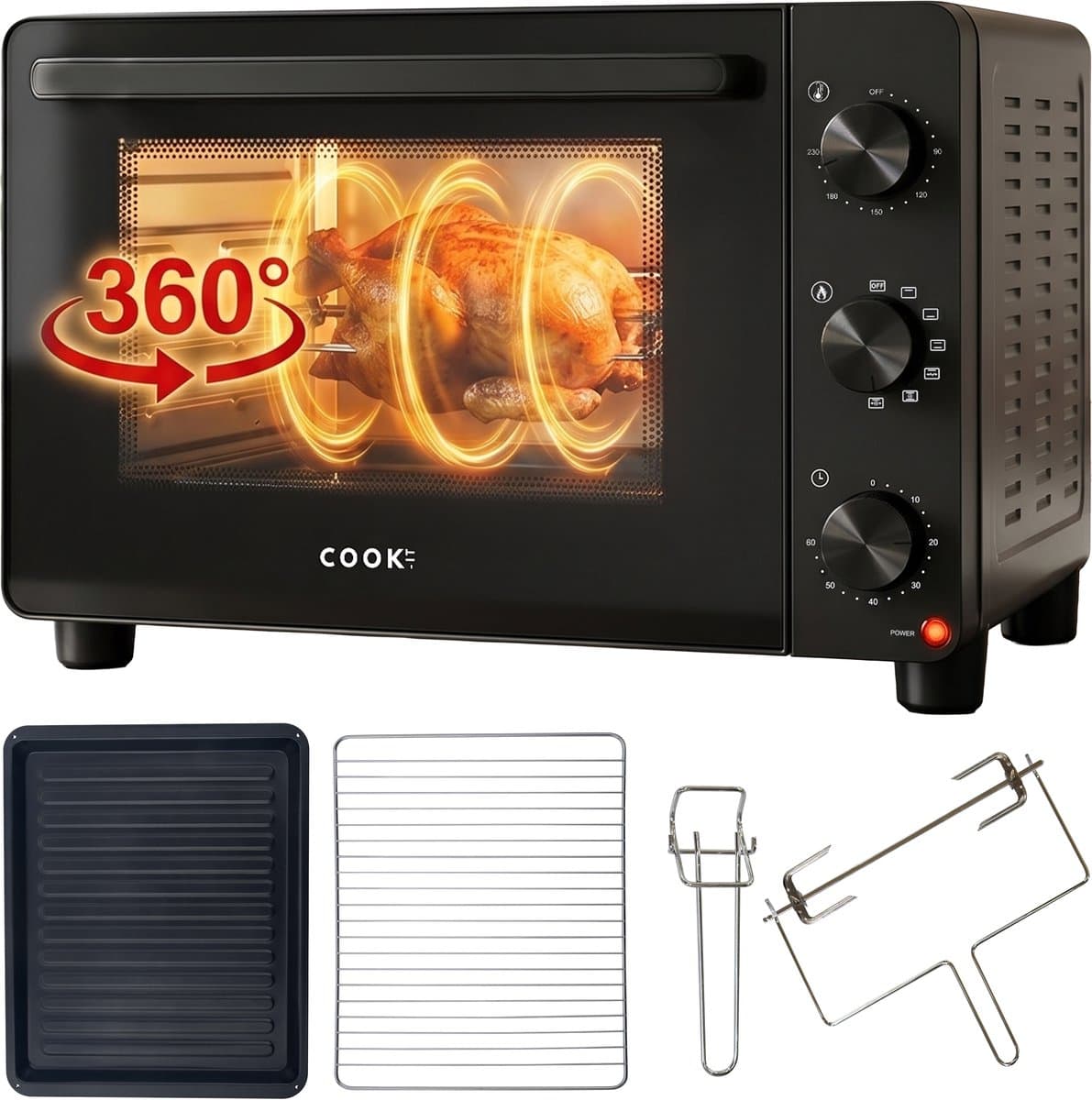 COOK-IT Vrijstaande Oven - 46L - 6 Ovenstanden - Hetelucht - PFAS Vrij - Grill - Draaispit - 90 tot 230°C - Zwart