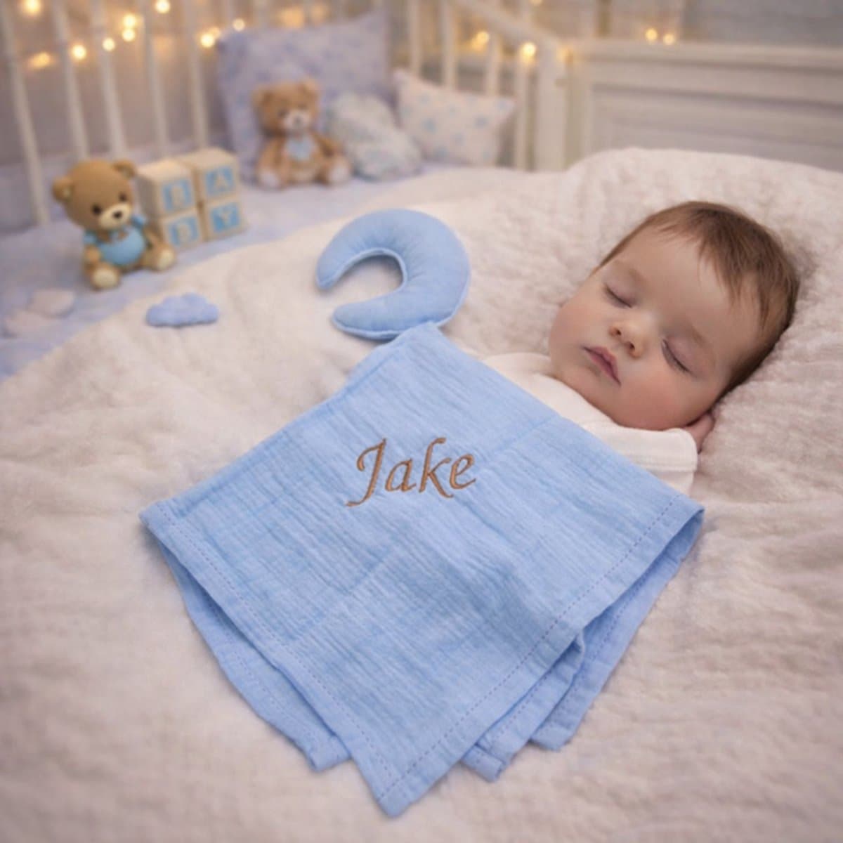 Kraamcadeau voor jongen met naam - Hawsaz.nl cadeau - knuffeldoekje 1 stuk baby blauw - Baby knuffel - Babygeschenk - Babycadeau - Babyshower - Geboortecadeau - Maan - Baby kado - cadeau met naam - Babygeschenkset - Gepersonaliseerd