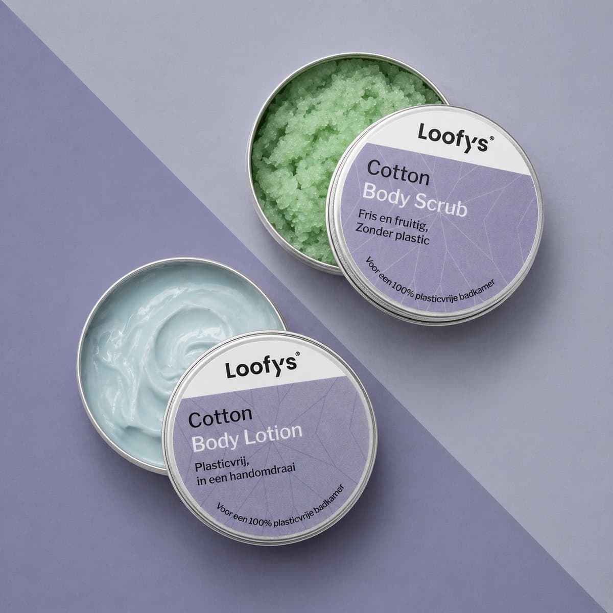 Loofys® Body Care Travel Set Cotton – Alternatief voor Reisflesjes Handbagage – Sugar Body Scrub & Bodylotion – Reisset voor Vakantie & Wintersport – Cadeau – Plasticvrij – 2x 30ml