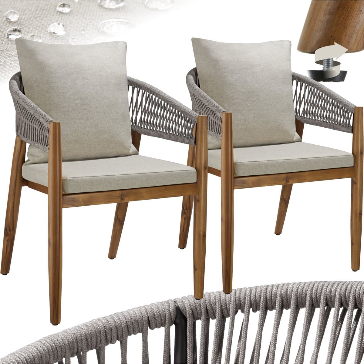 tectake® Set van 2 Tuinstoelen Manacor - Tuinstoel in Rope-Design - Balkonset - Weerbestendige Buitenstoel van Gelakt Acaciahout - Grijs/Beige - Stoelen voor Tuin, Balkon, Terras