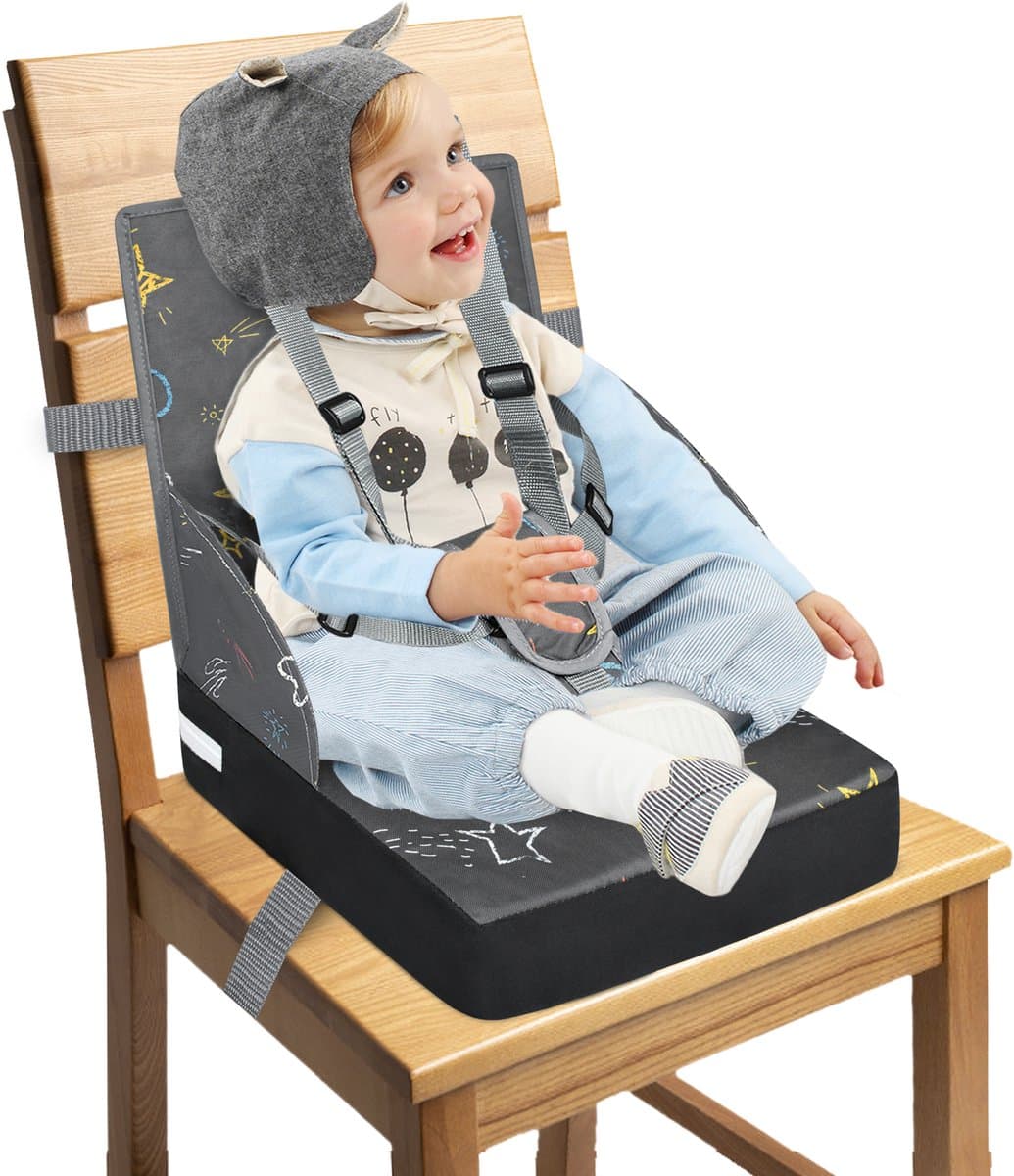 NAIZY Booster Seat Kinderverhoger Zitkussen met Opvouwbare Rugleuning en Driepunts Veiligheidsgordel, Sponsverhoger Zitje voor Kinderen Baby Eetstoel, Grijs