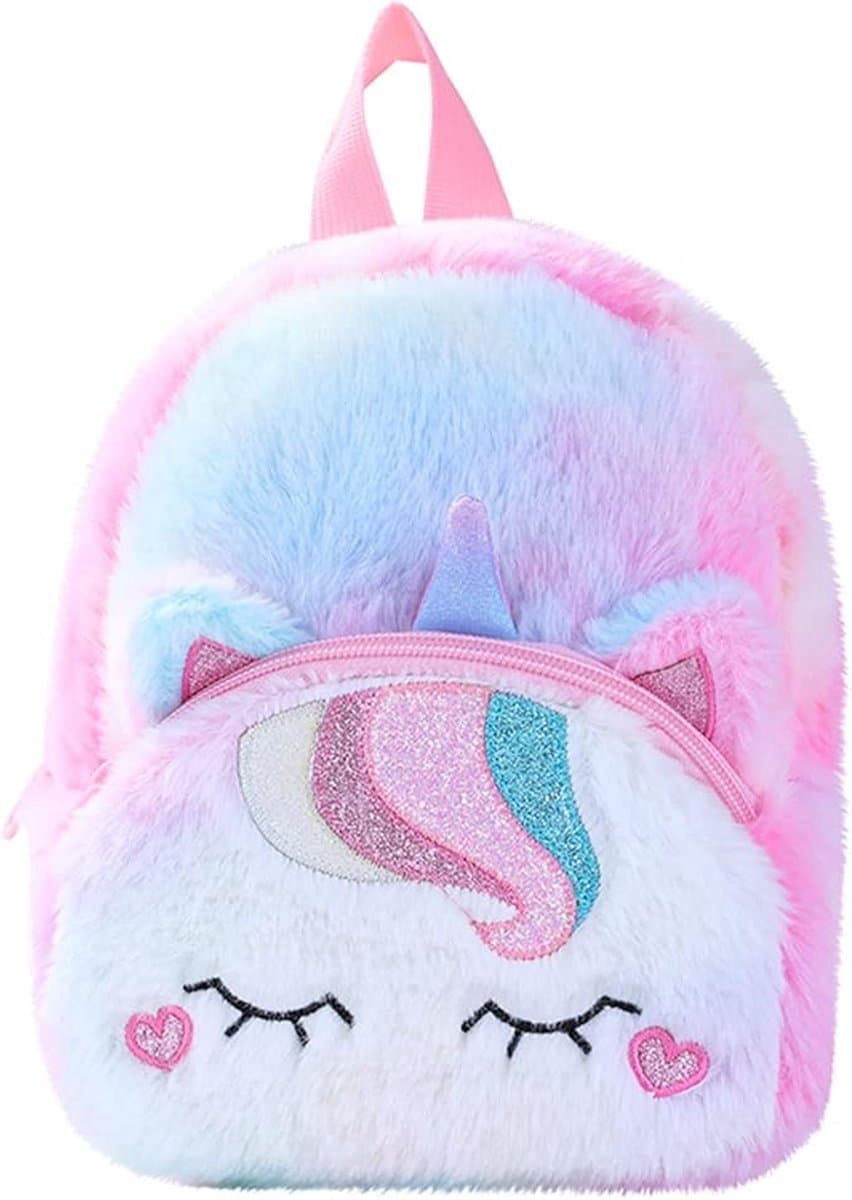 Joya Kids® Unicorn Rugzak Licht Roze met Regenboog Kuif | Fluffy Kinderrugzak | Eenhoorn Backpack | Grote Ogen | Regenboog Eenhoorn