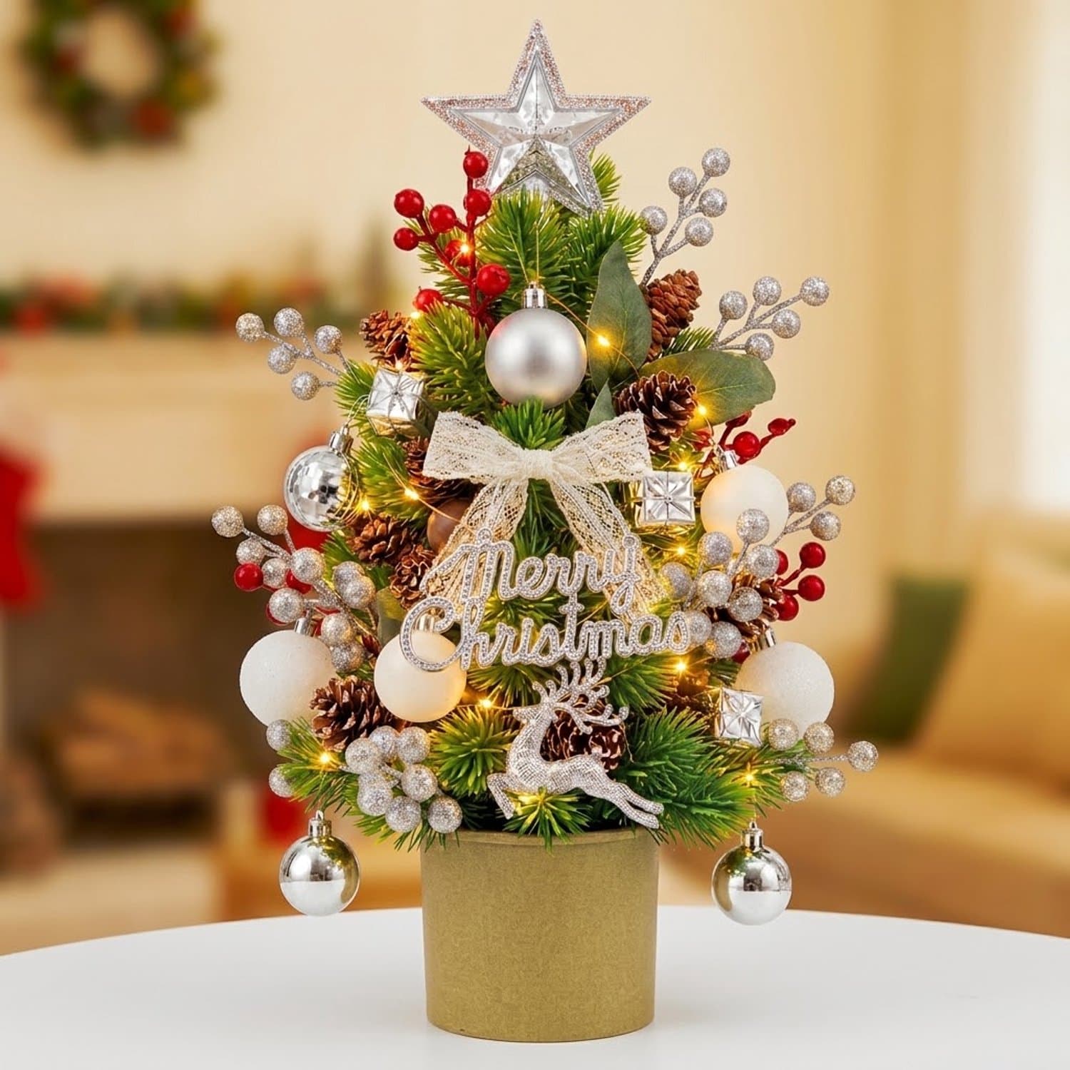 Mini Kunstkerstboom 45 cm met LED Verlichting – DIY Decoratieset – Tafel Decoratie Kerstboom met Dennenappels en Rode Bessen – Voor Woonkamer, Kantoor, Winkel & Cadeau – Kerstversiering