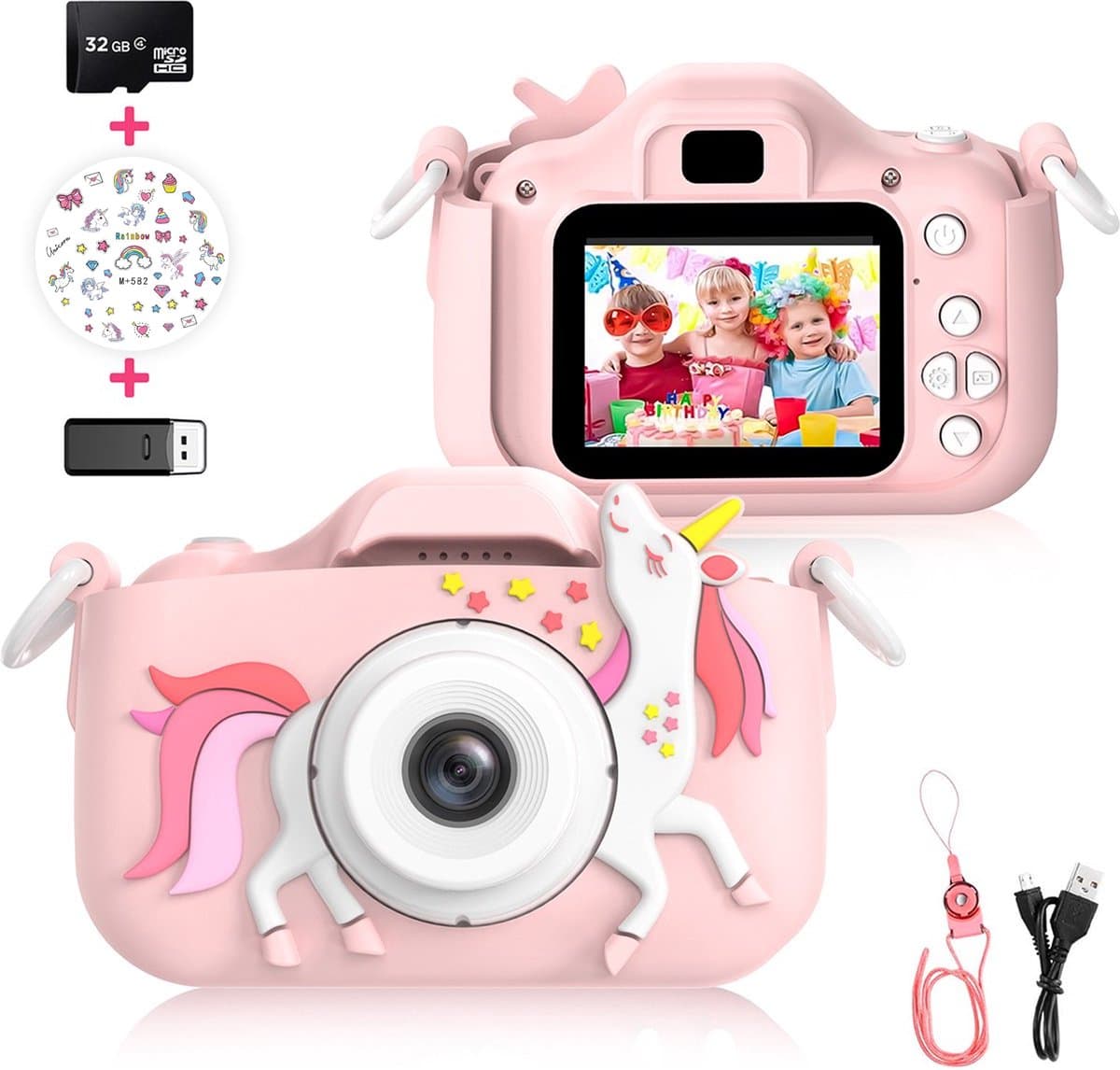 Ilona® Digitale Kindercamera HD 1080p inclusief stickervel - Speelgoedcamera - 32GB micro sd kaart - Fototoestel Voor Kinderen - Selfie Camera - Unicorn Roze