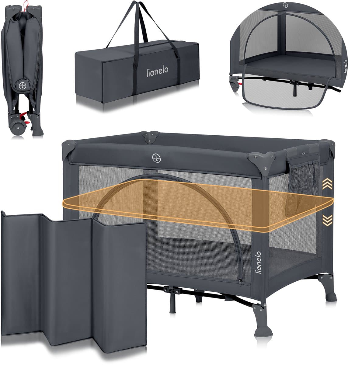 Lionelo Laura Campingbedje 2in1 – Reisbedje & Babybedje – 0-36 Maanden – 2 Matrasniveaus – Compact & Lichtgewicht – Schuimmatras – 2 Wielen met Rem – Mesh Zijpanelen – Zij-ingang – Opbergvak – Inclusief Draagtas