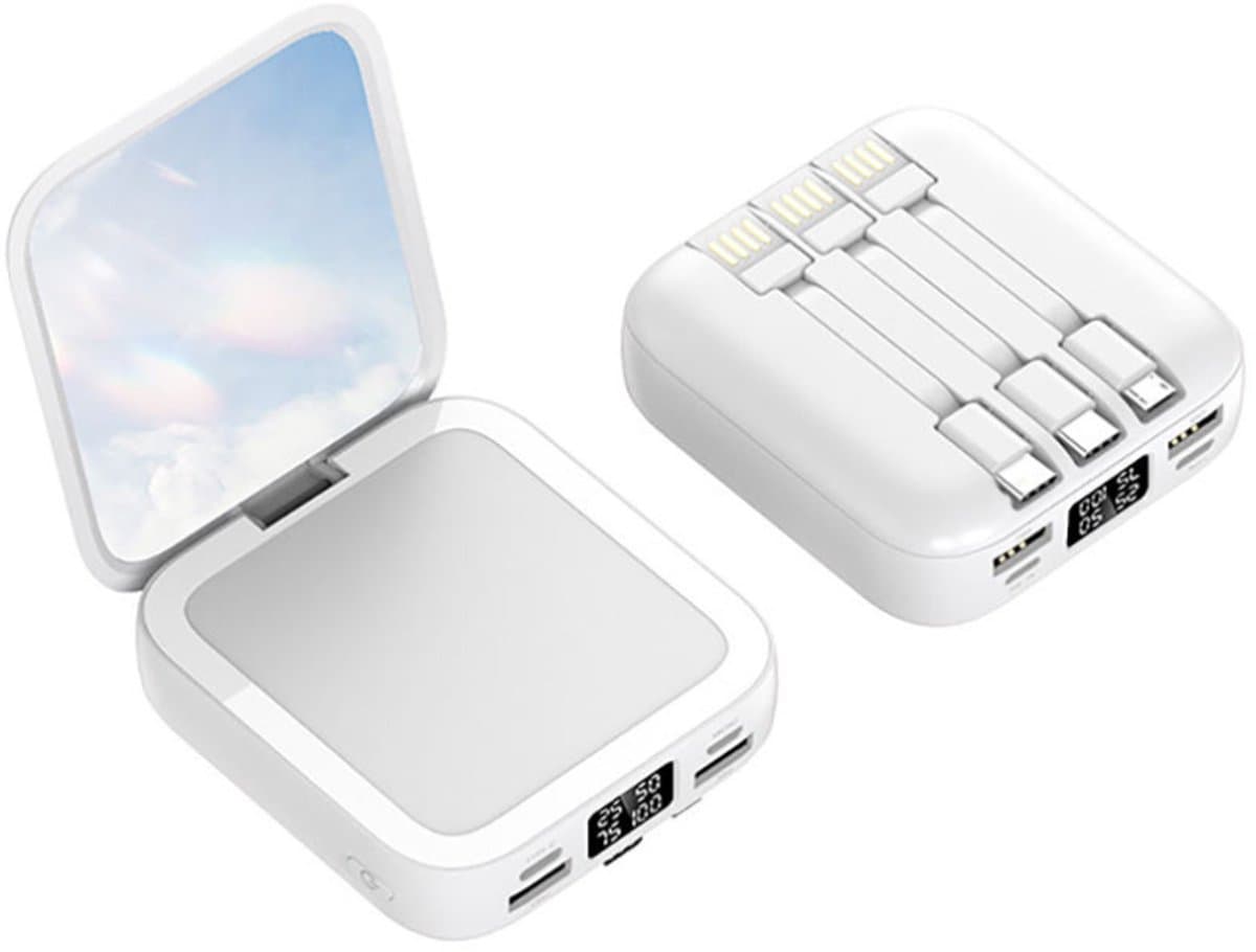 Powerbank 10.000 mAh – Wit – Met ingebouwde kabels & display – Draagbare oplader / externe batterij voor smartphone & tablet
