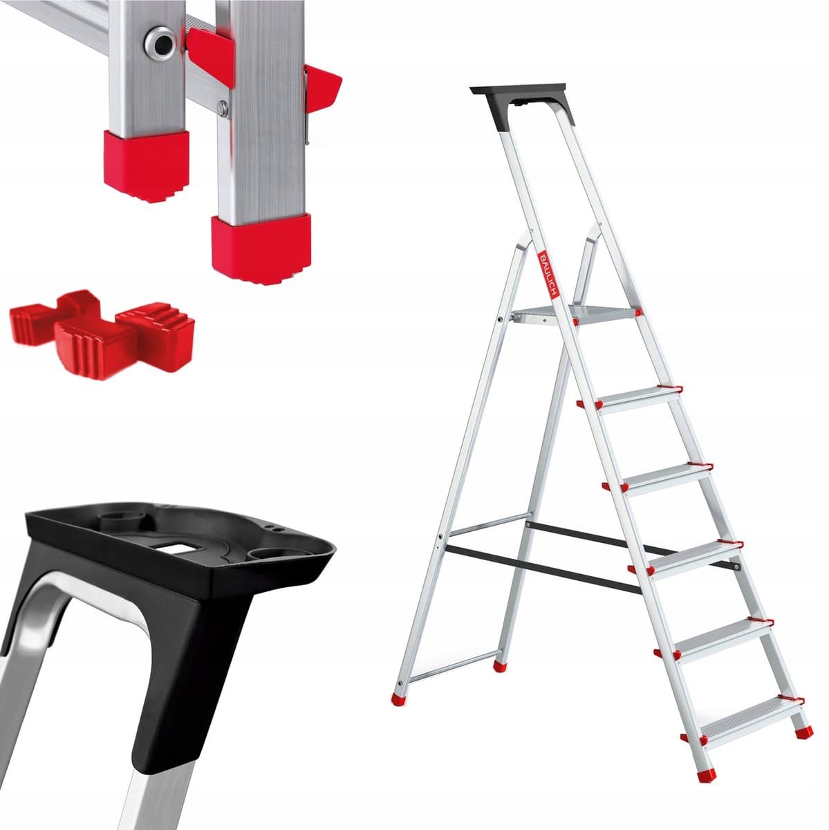 Baulich Huishoudtrap Aluminium - 6 treden met plateau - Opvouwbare vouwladder met antislip treden - Draagvermogen 125 kg - Werkhoogte 319 cm - Stabiele geprofileerde voeten