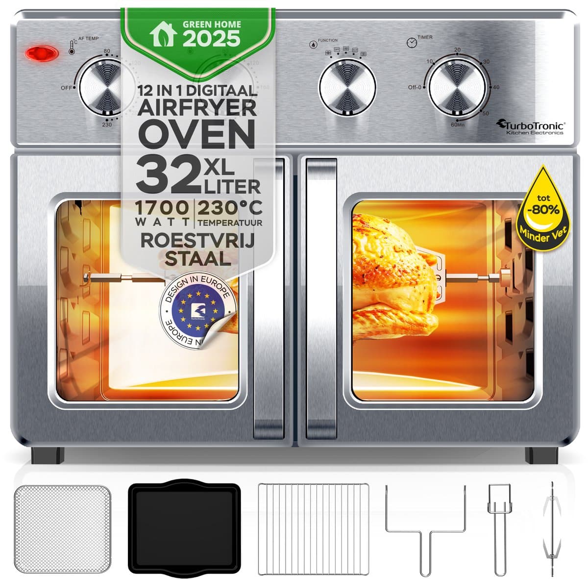 TurboTronic AF32MFD Airfryer Oven XXL – Dubbele Deur – 32L Vrijstaande Mini Oven – Heteluchtoven – Zilver