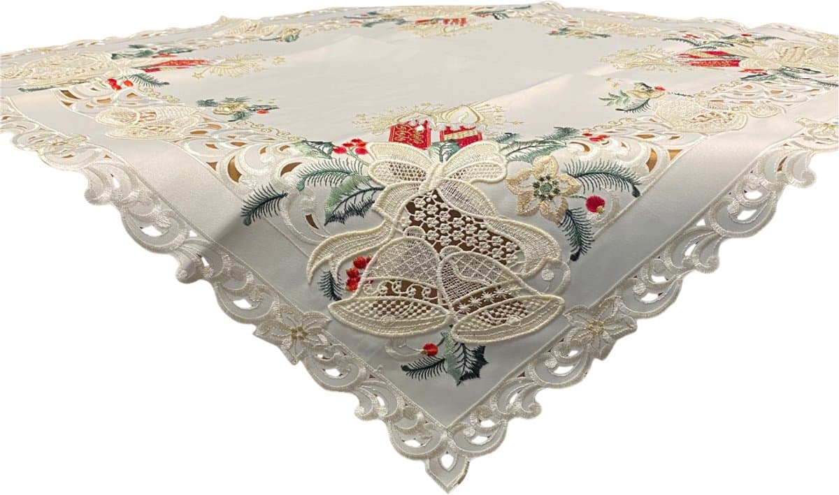 Tafelkleed - Kerst - Cremekleur met rode kaarsen en bel - Vierkant 85x85 cm