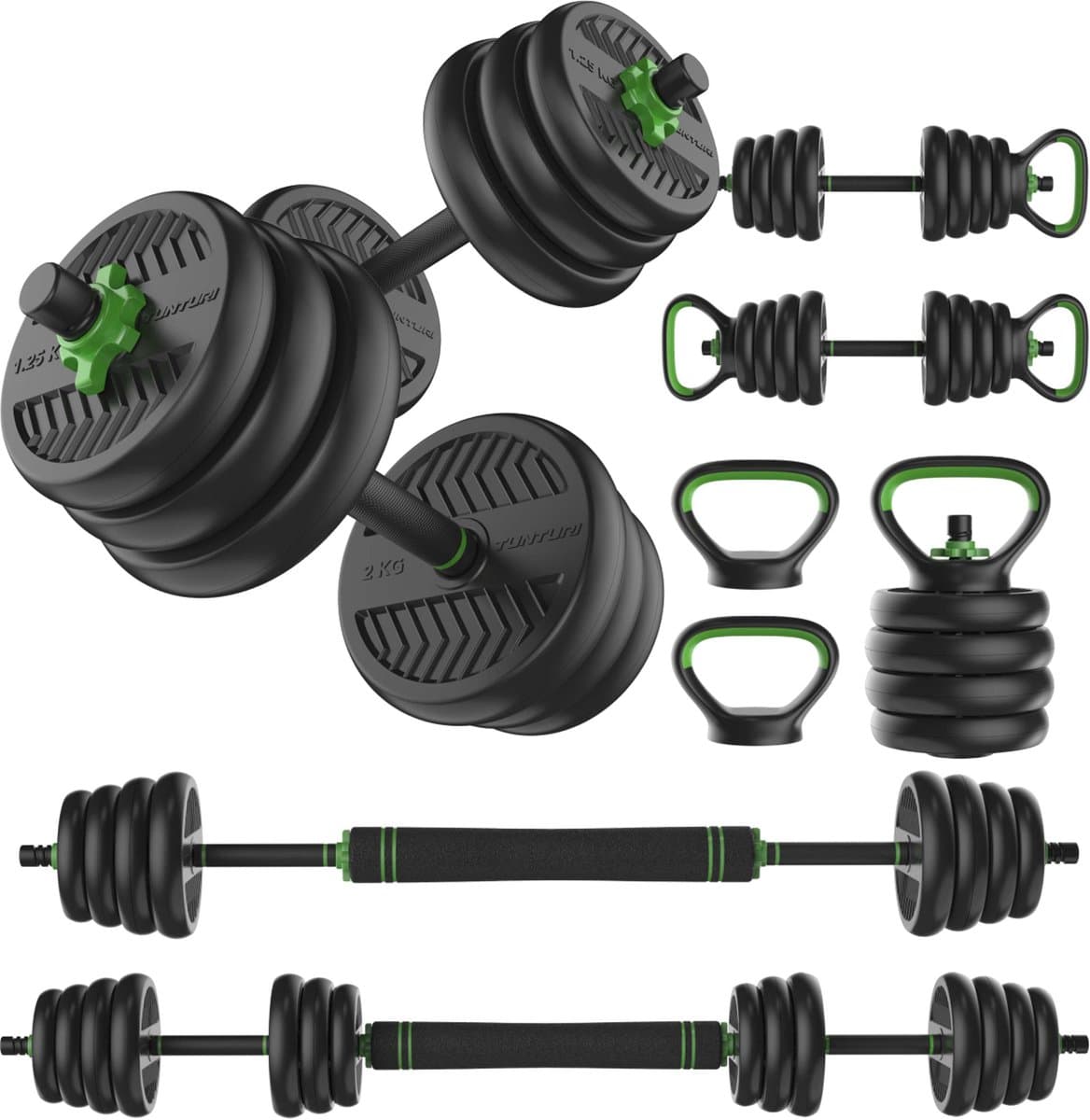 Tunturi Halterset en Dumbbells Vinyl 28 kg – Gewichten Set met Kettlebell en Barbell – Opdruksteunen - Schroefsluiting 30 mm – Anti-Slip Grip