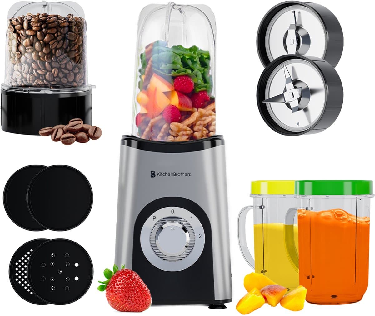 KitchenBrothers Smoothie Blender - 2-in-1 - Blender to Go - 4 Bekers - Smoothie Maker To Go - Mini Blender - Zilver