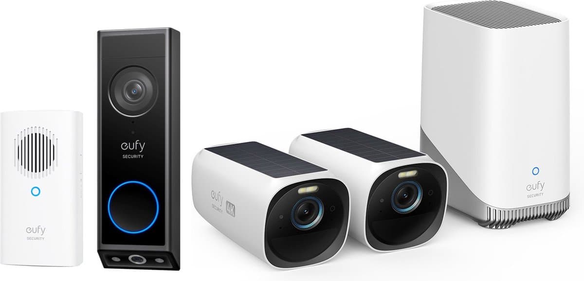 eufy Security - eufyCam 3 Set met 2 camera's met zonnepaneel + eufy E340 2K Draadloze Video Deurbel Inclusief Chime - Accu - Zwart