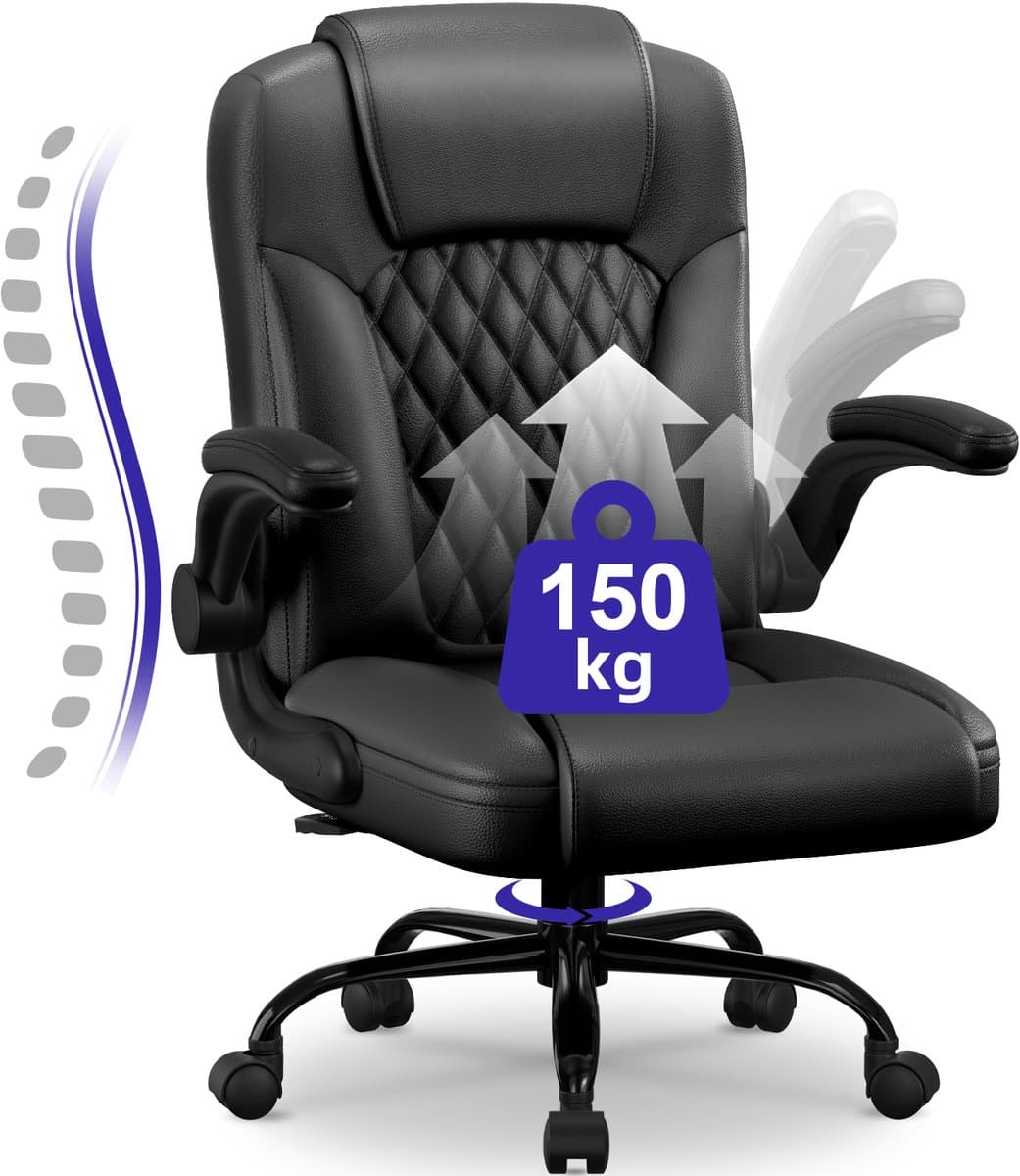 Elekiatech Ergonomische Bureaustoel-Bureaustoel-met 90°-120°Rugleuning Bureaustoelen voor Volwassenen-Inklapbare Armleuningen-Office Chair-Gaming Stoel-150kg - Zwart