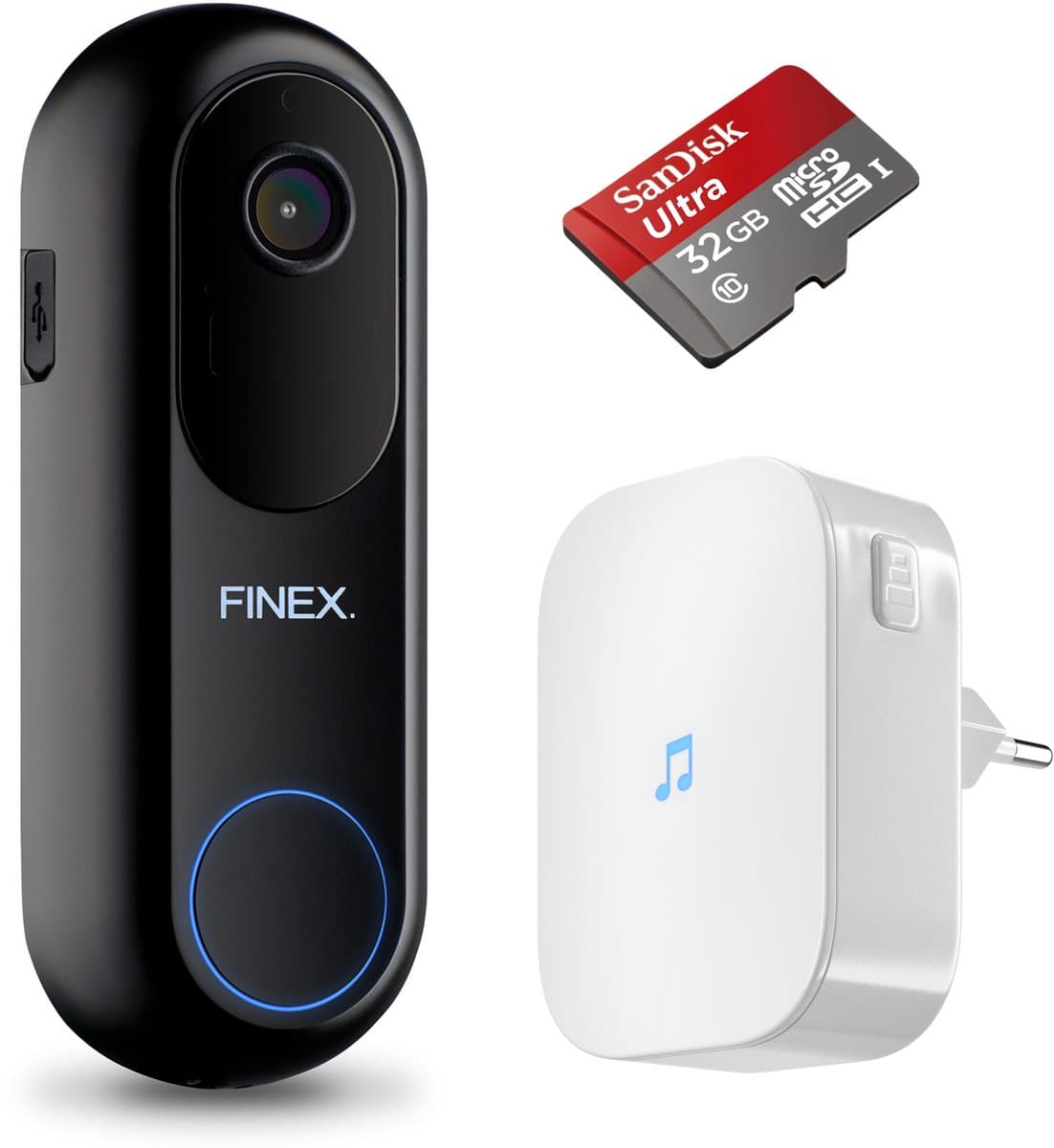 Finex Video Deurbel V2 - Inclusief Binnenbel & SD-kaart 32GB - Geen abonnement - Vast stroom of Batterijen - 2K Ultra HD - WiFi - T-ring geluid - Slimme Draadloze Video Deurbel Met Camera
