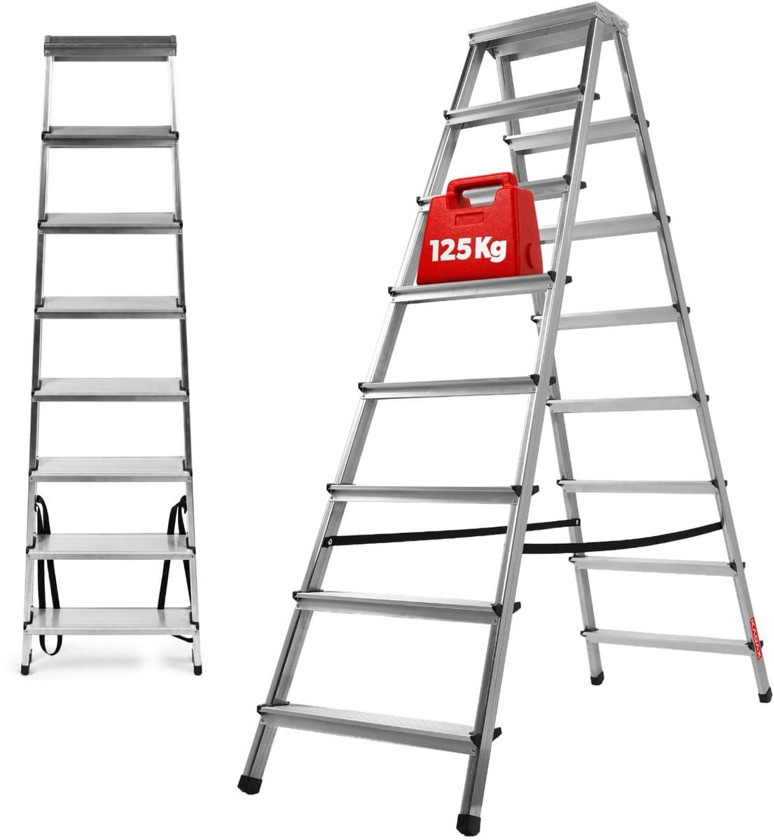 KADAX Huishoudladder, trapladder in 5 versies, vouwladder met draagvermogen tot 125 kg, inklapbare dubbelzijdige multifunctionele ladder, aluminium ladder met antislip voeten (8 treden)