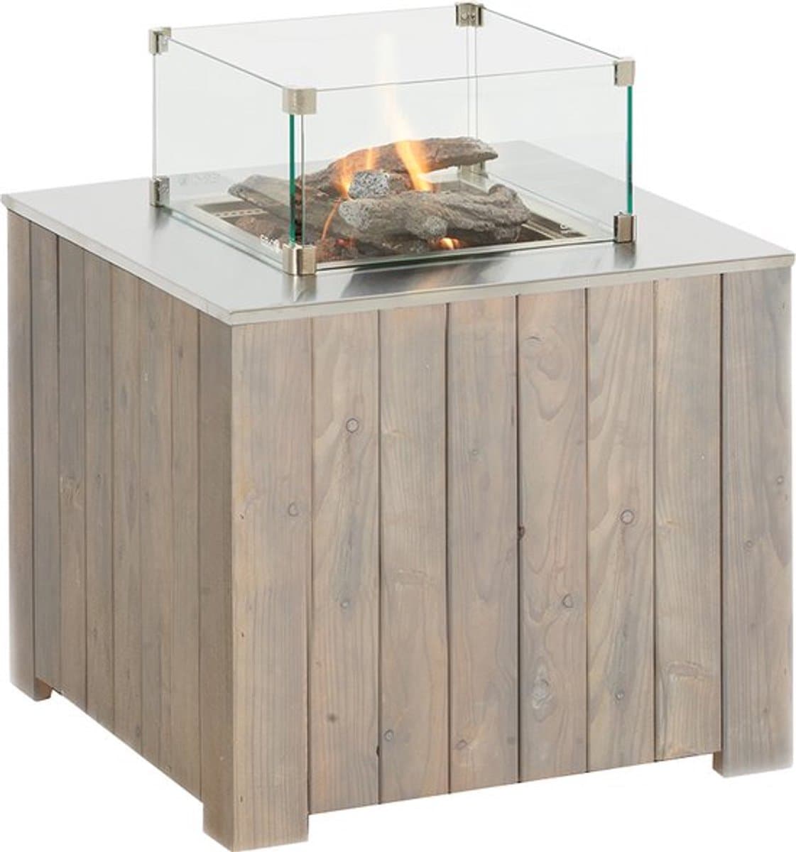 CosiCube- Vuurtafel - 70x70x58cm - Terrasverwarmer - Terraswarmer - Complete Set - Vuurtafel op Gas - Voor Binnen en Buiten - Tuintafel - Tuinhaard - Met mBar Regelaar met Gasslang, Keramische Houtblokken, Lavastenen, Batterij en Afdekplaat - Hout