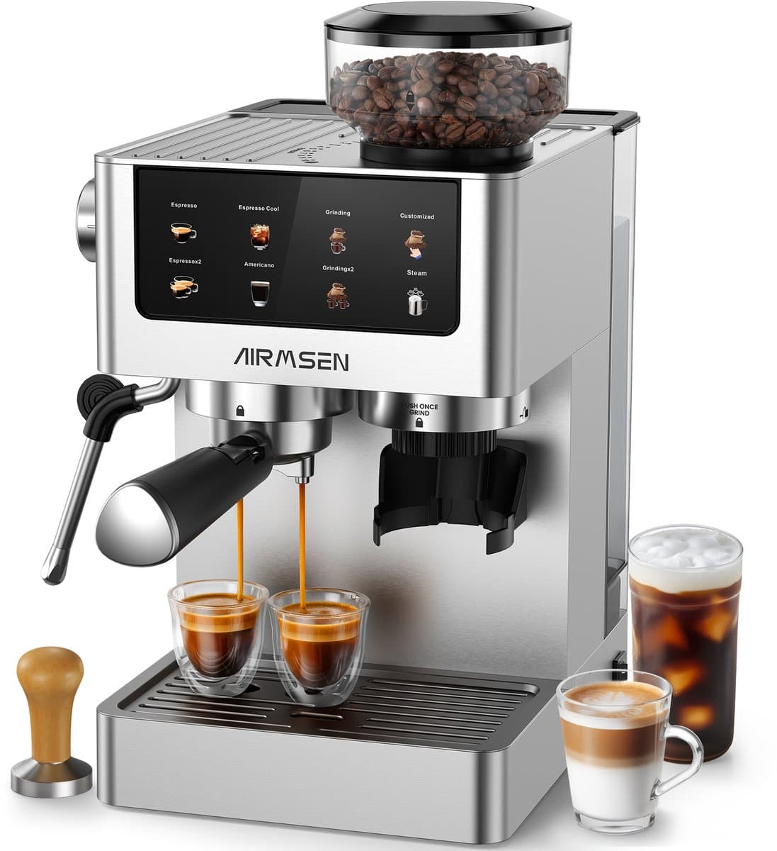 AIRMSEN Espressomachine - Met Ingebouwde Bonenmaler - 20 Bar - Stoomstaf - RVS - Touchscreen - Americano & Latte - Zilver