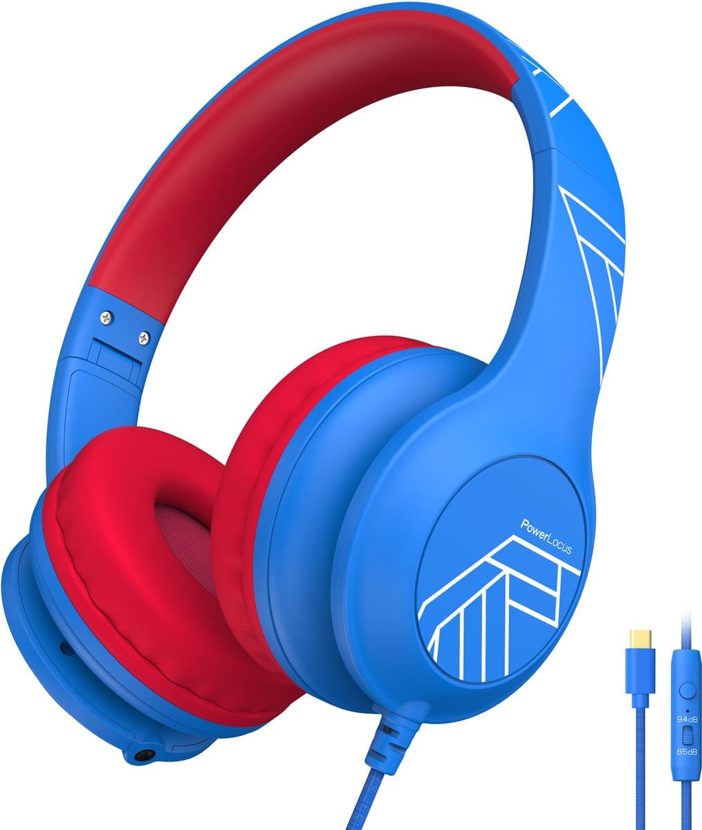 PowerLocus PLED Wired Kinder Koptelefoon met Draad USB-C - Koptelefoon voor kinderen - Veilig volume van 85dB en 94dB - Hoofdtelefoon - Met microfoon - Sharing Audio Functie - USB-C Blauw/Rood